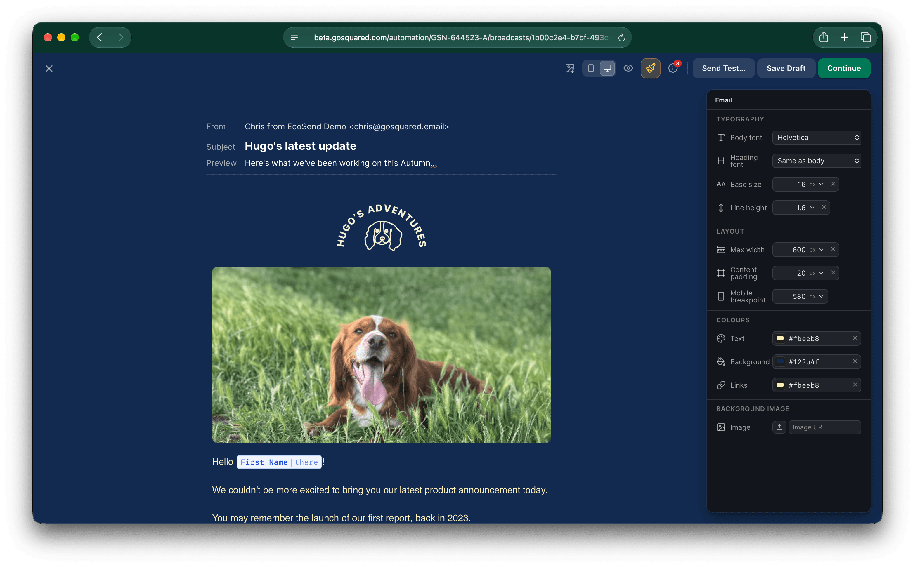 The EcoSend email builder, editing a campaign with a photo of a dog in a field