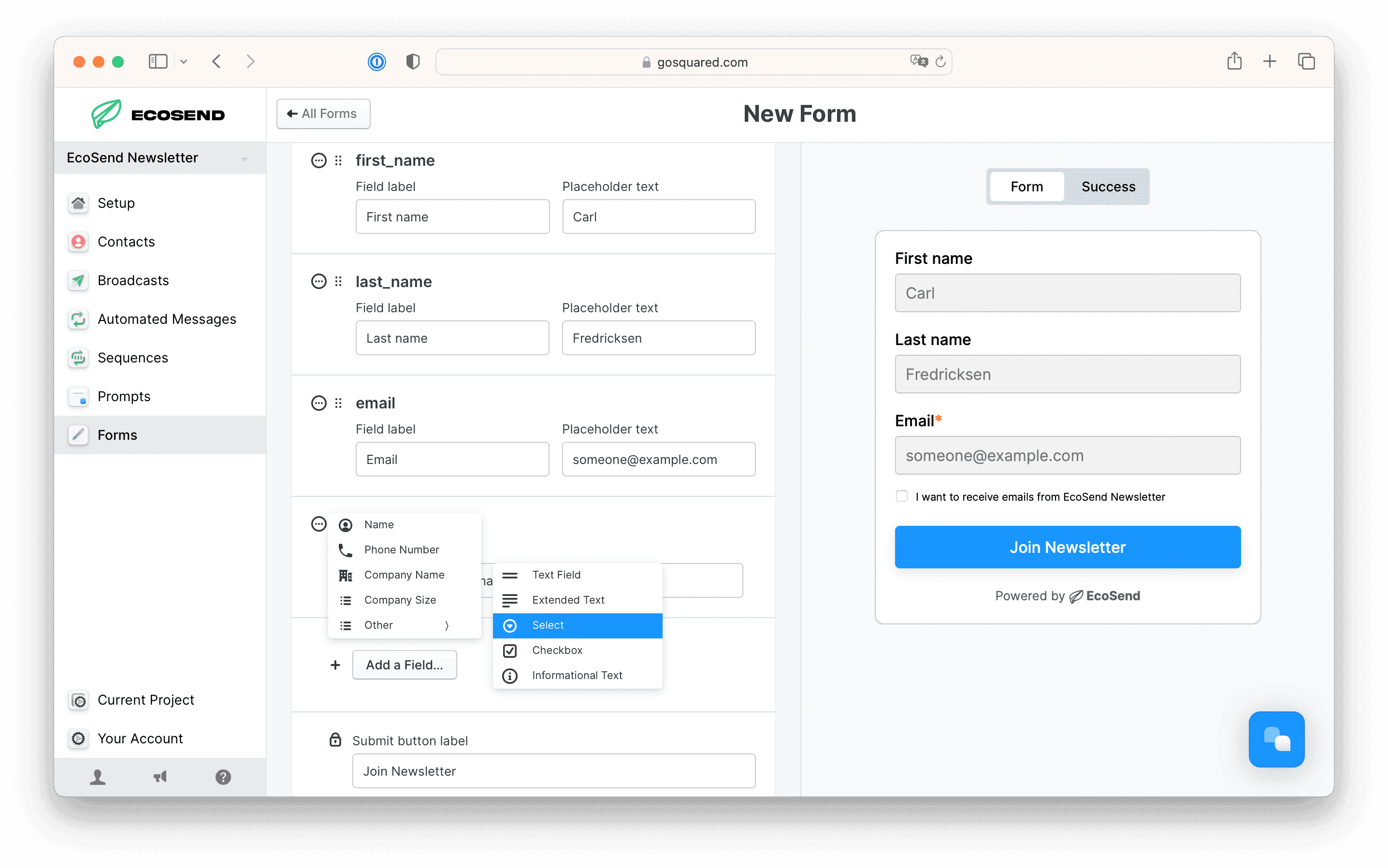 Adding a new field in EcoSend Forms