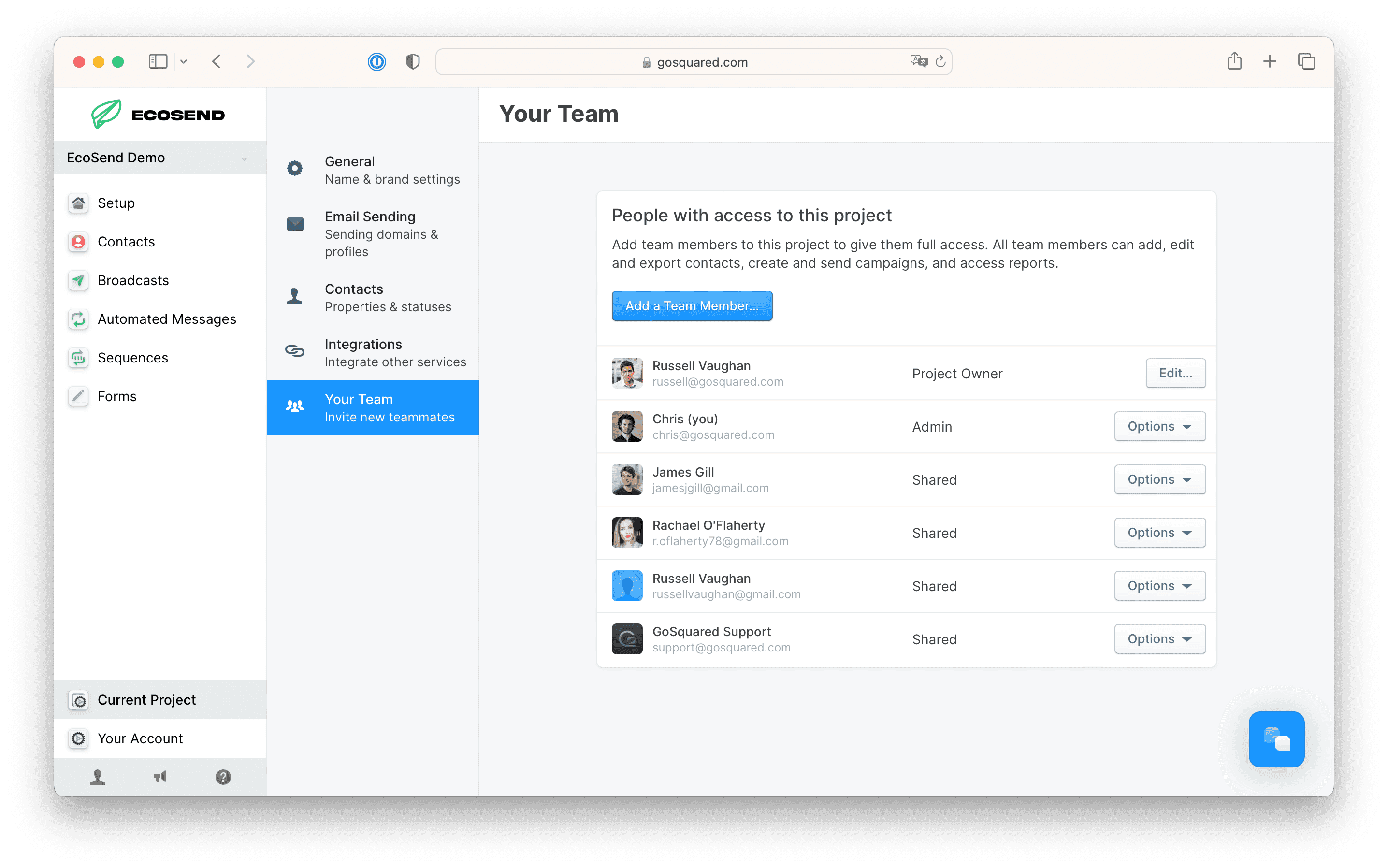 Screenshot of the team sharing screen in EcoSend Settings