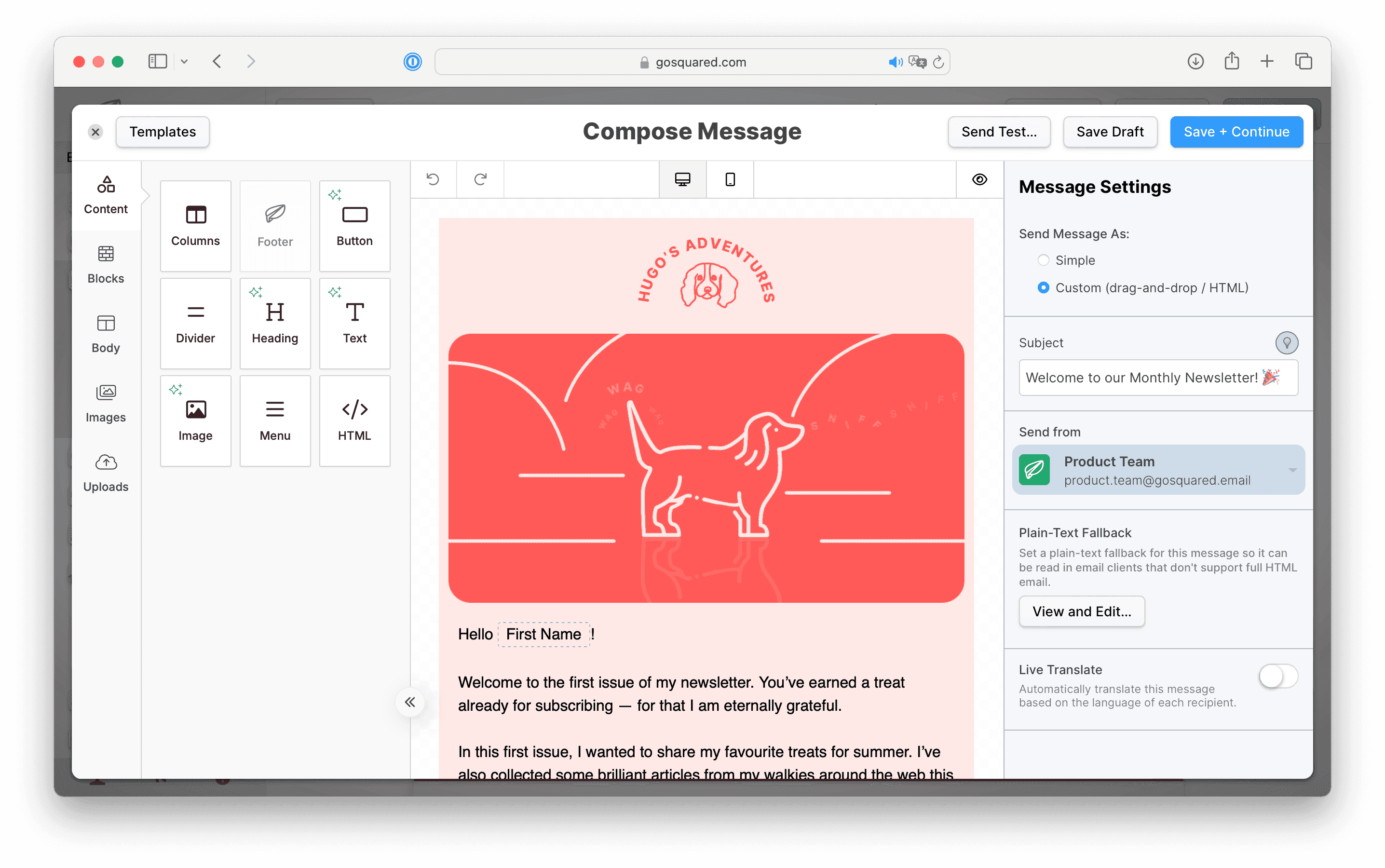 Screenshot of the drag and drop message composer in EcoSend