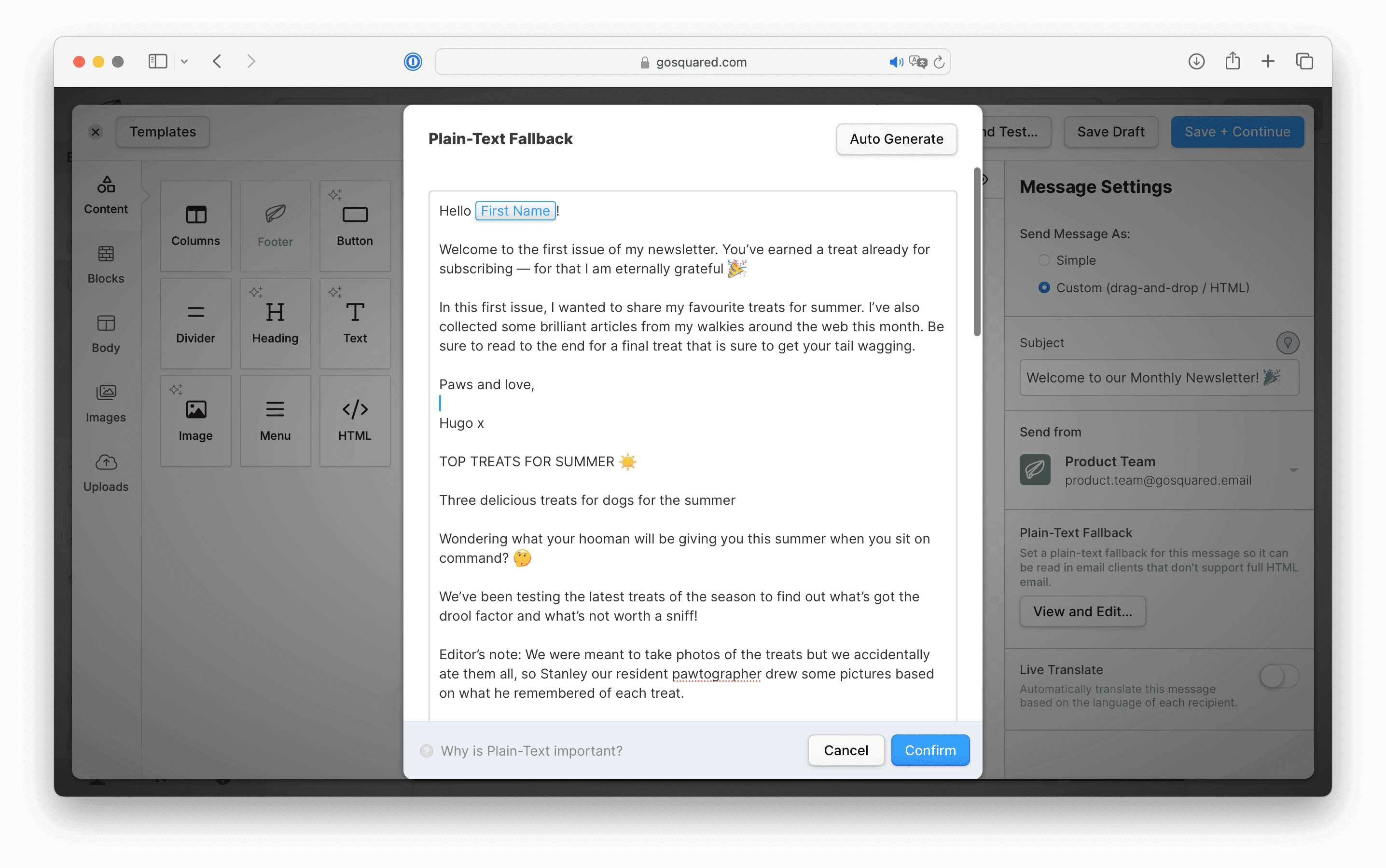 Screenshot of the plaintext view in EcoSend
