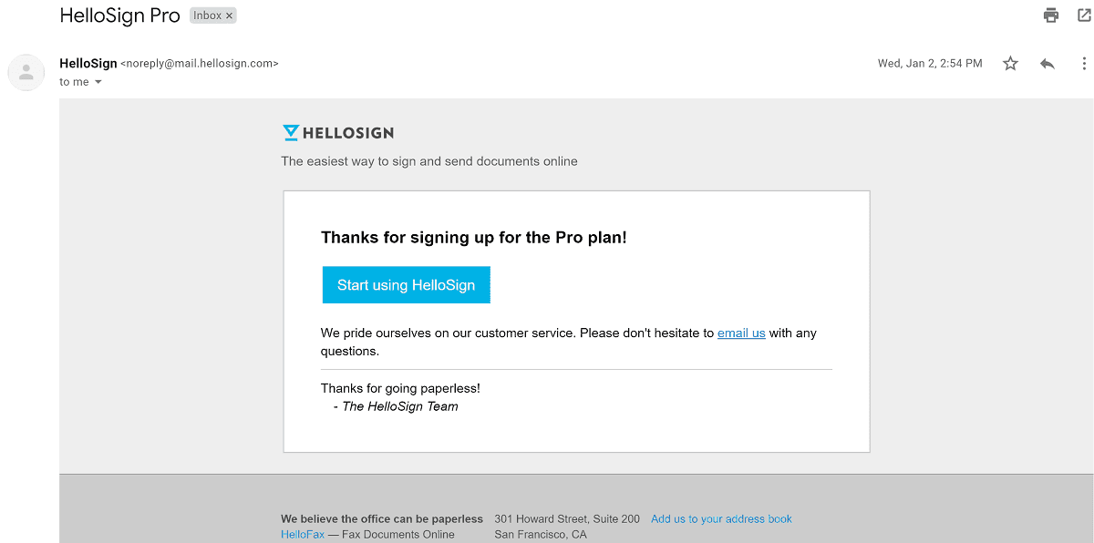 HelloSign welcome email example