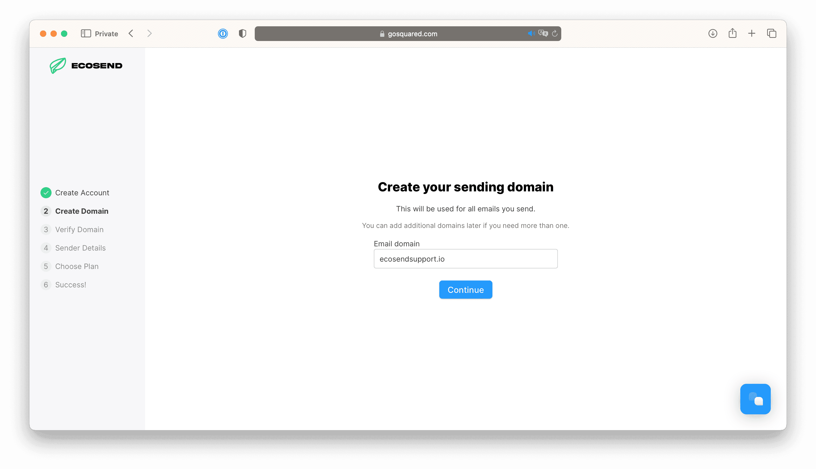 Screenshot of the Add a Domain screen in EcoSend