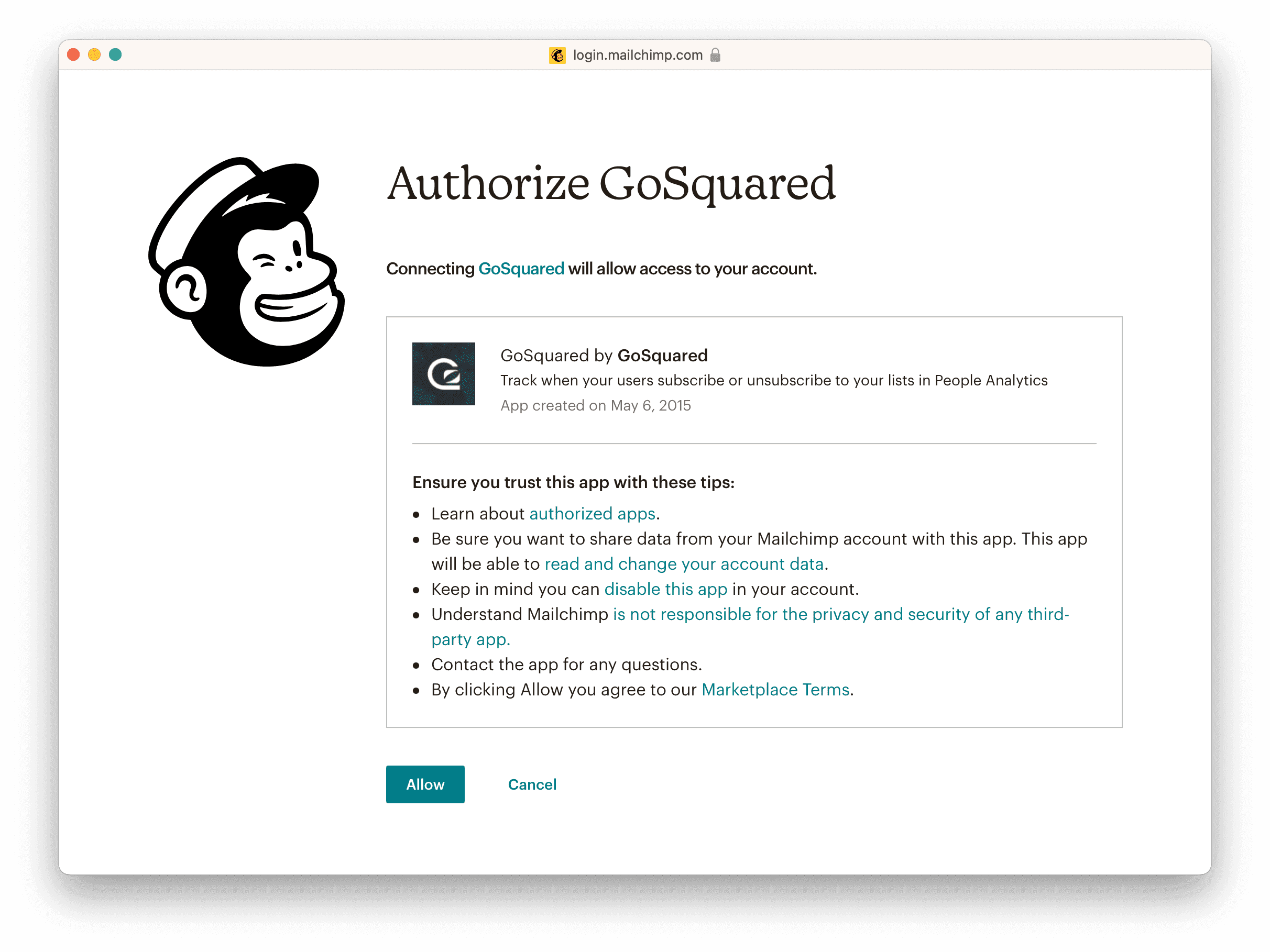 Screenshot of the Mailchimp integration confirmation screen for EcoSend