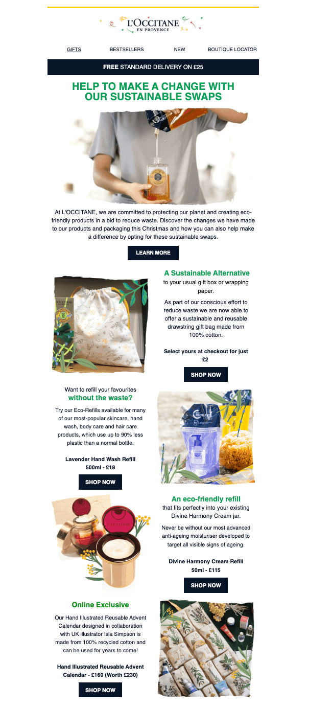 L'occitane sustainable ecommerce brands reusable beauty
