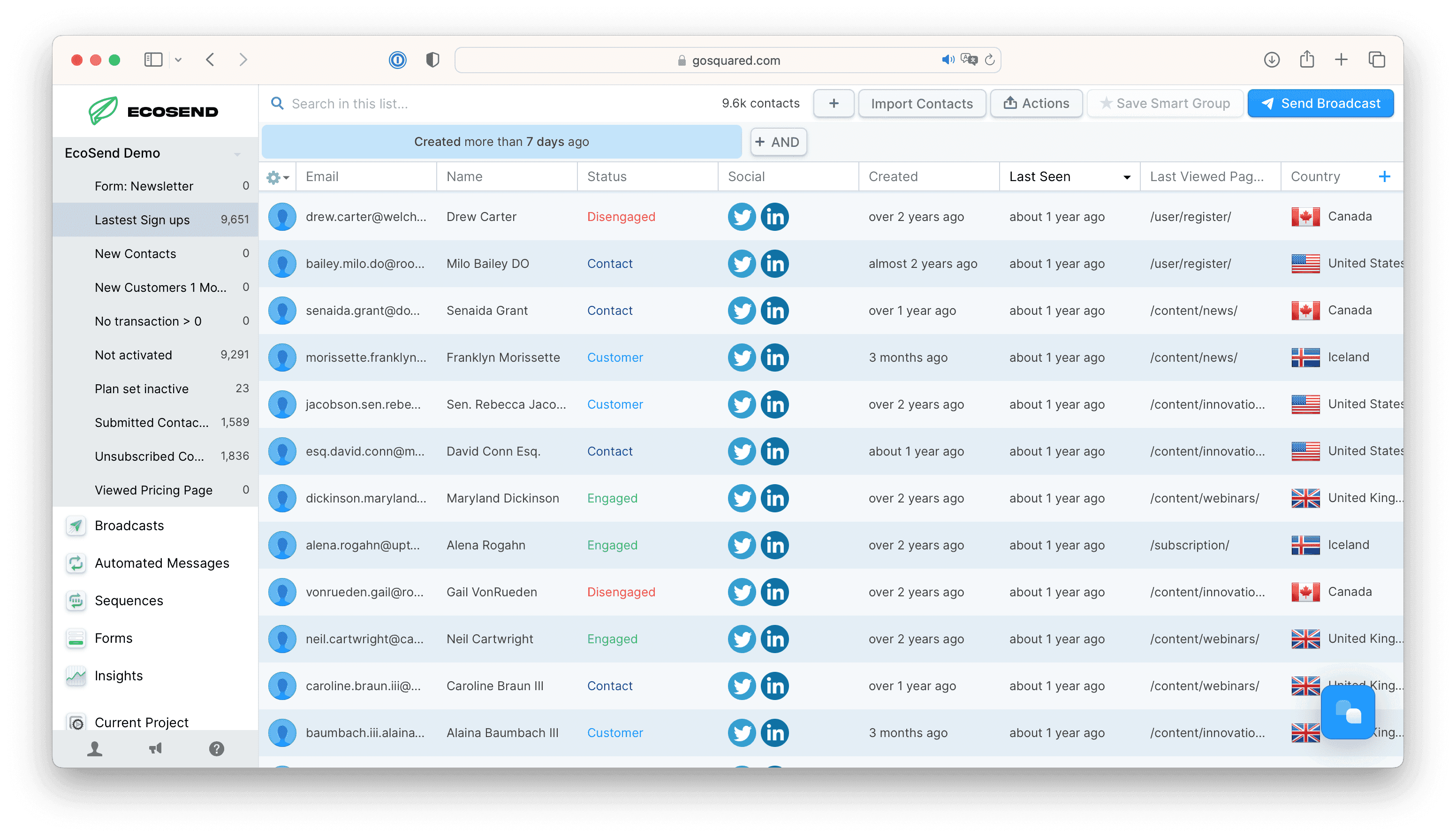 Screenshot of EcoSend contacts