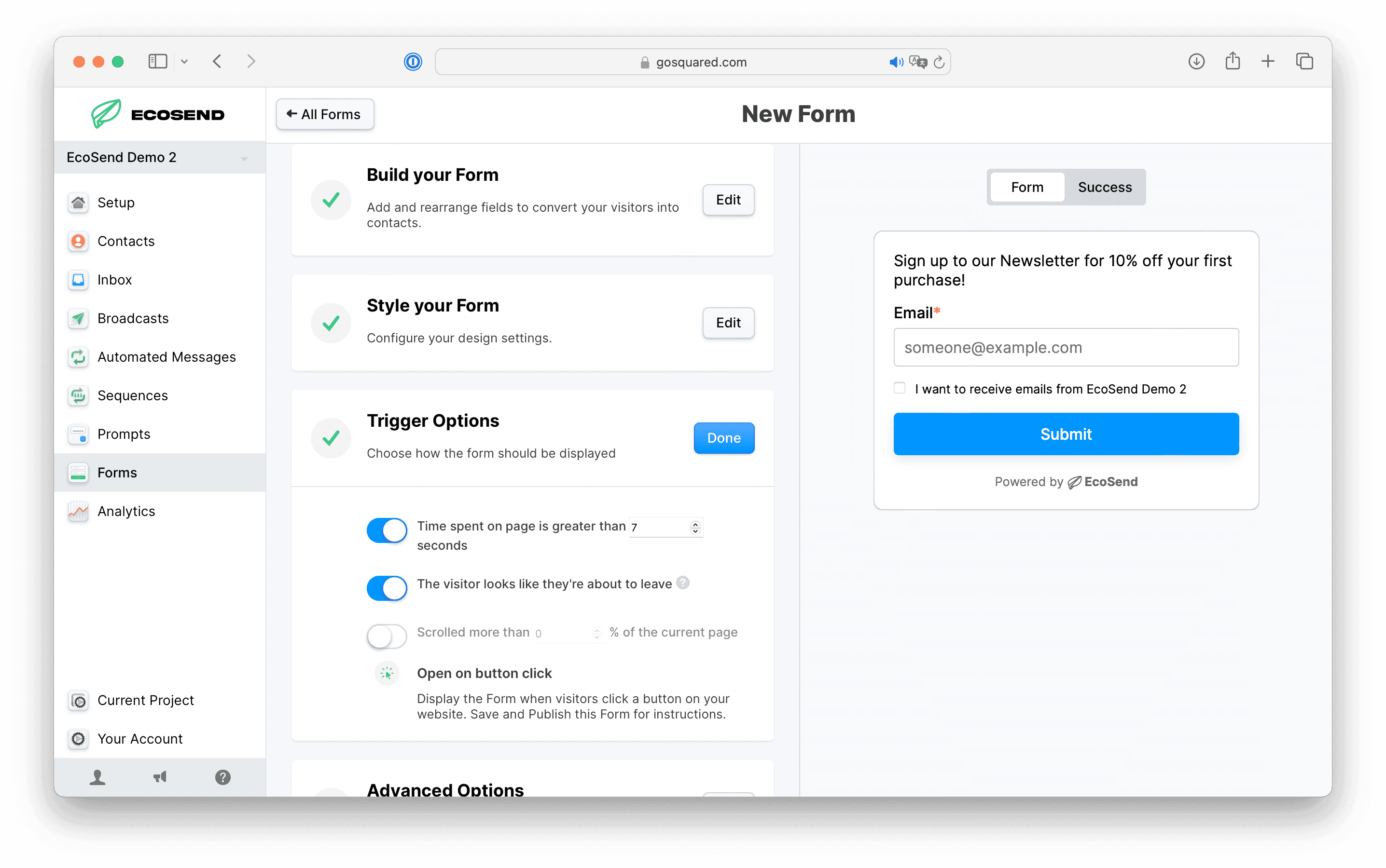 Trigger Options for EcoSend Pop-up Forms