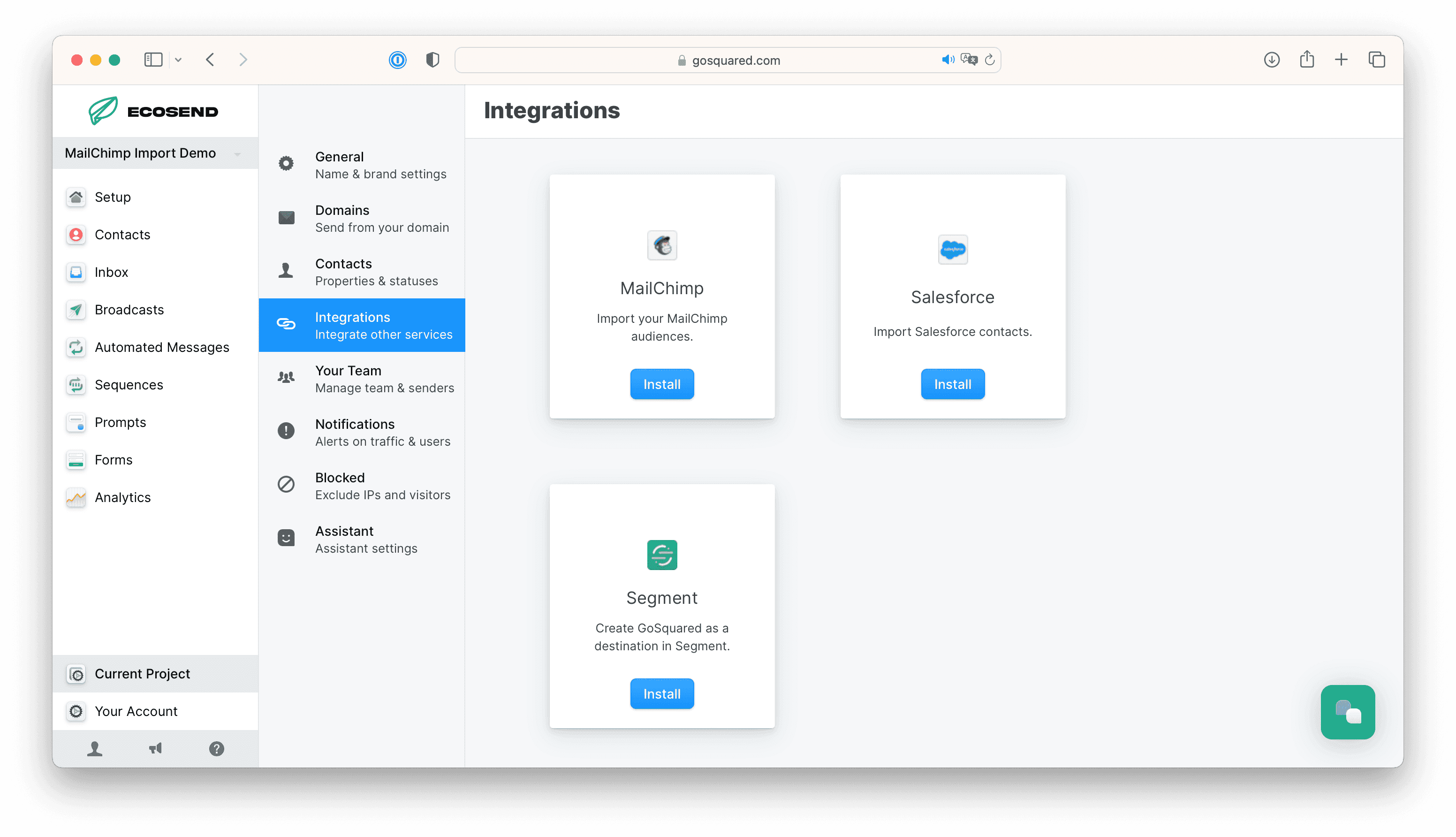 Integrations screen in EcoSend