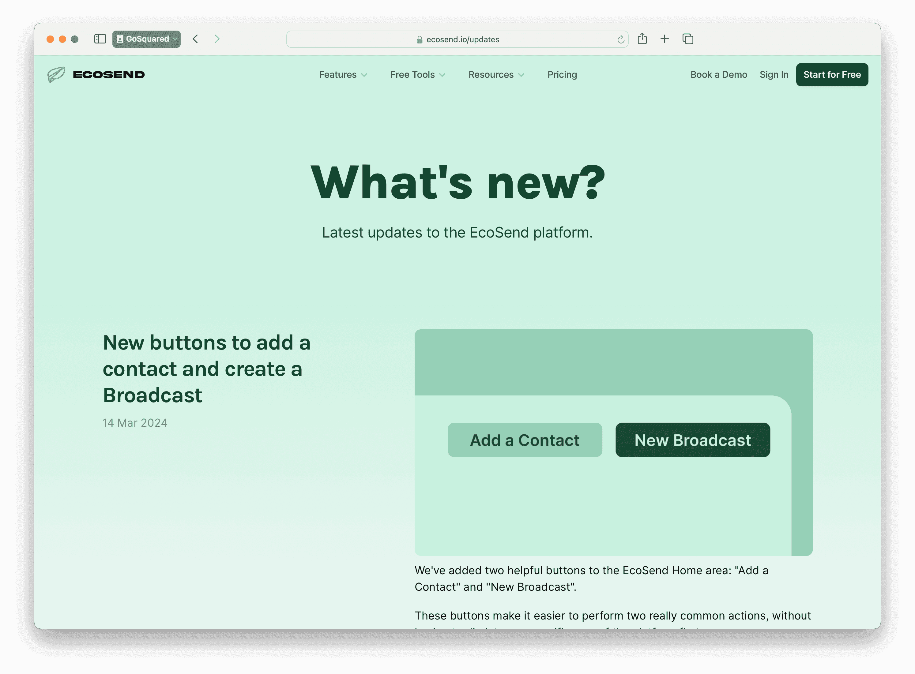 Screenshot of the new EcoSend Changelog