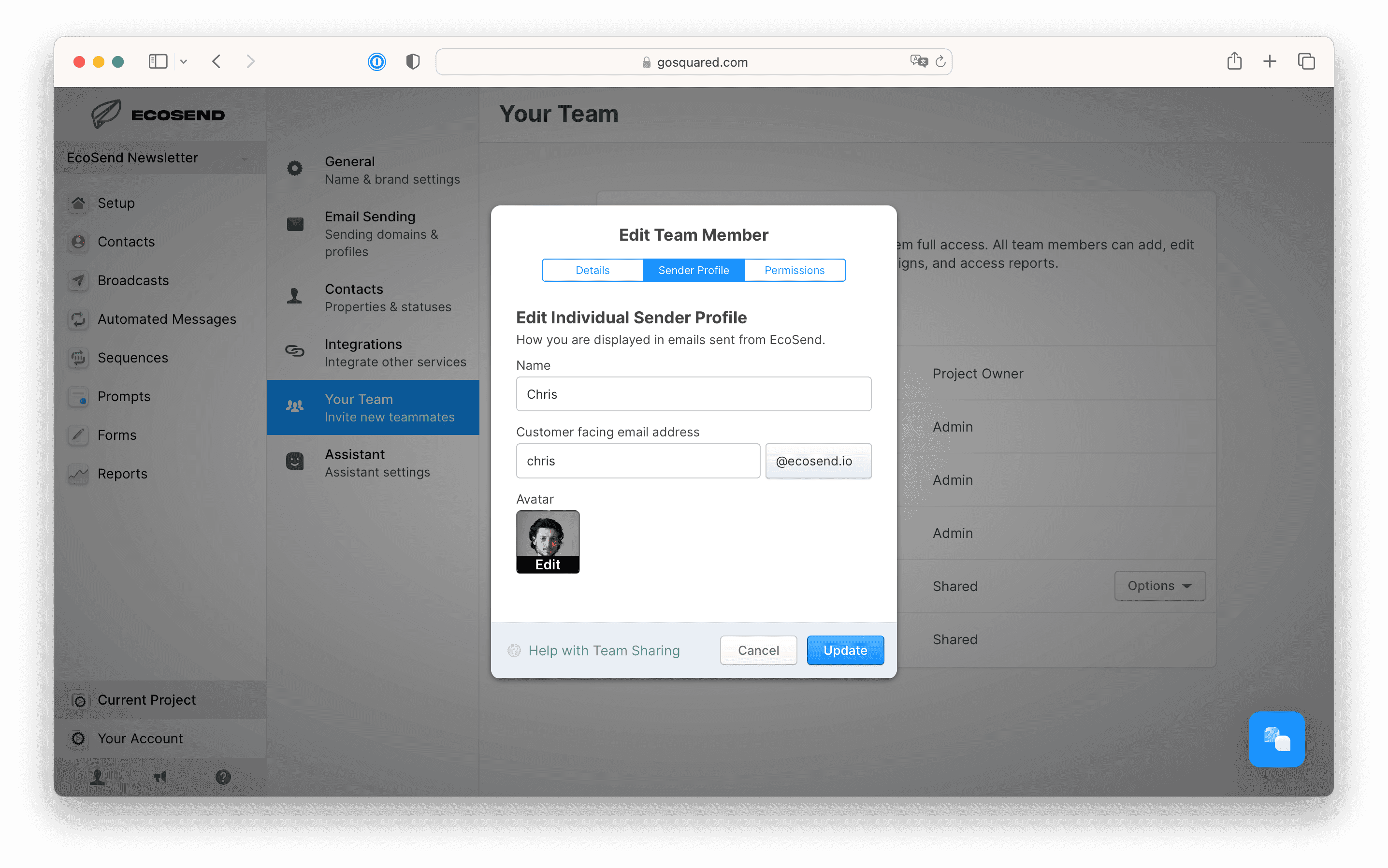 Screenshot of the Sender Profile settings in EcoSend
