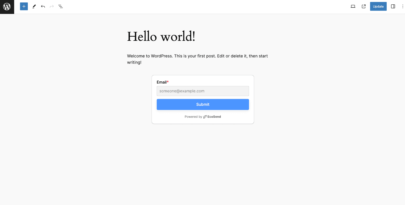 Screenshot of the EcoSend WordPress plugin inserting an EcoSend Form