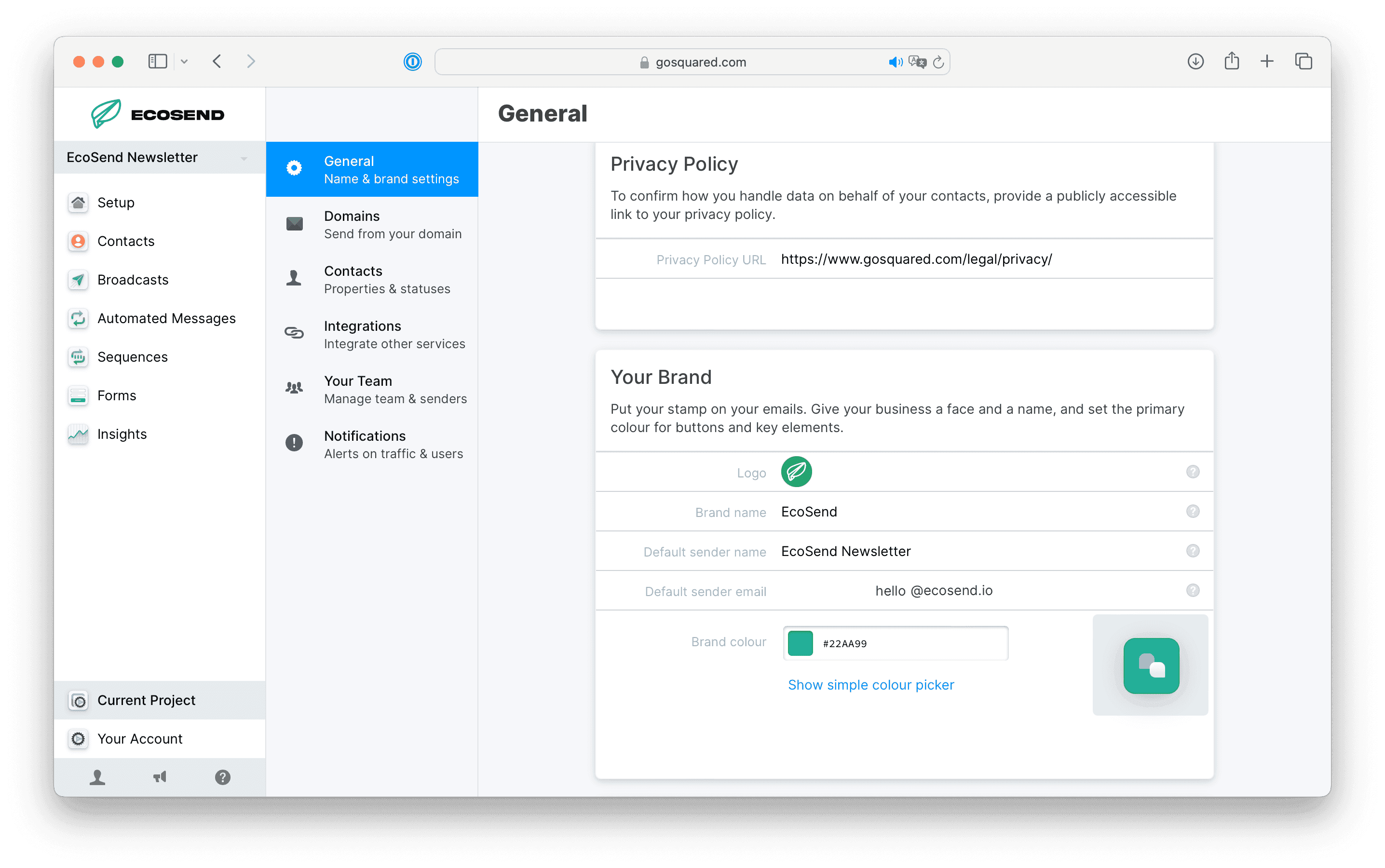 Brand settings in EcoSend
