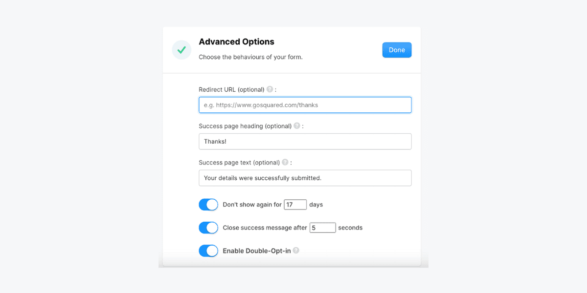 Advanced options for pop up forms