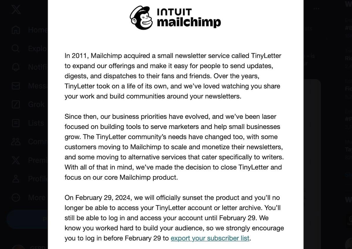 mailchimp newsletter tool tinyletter