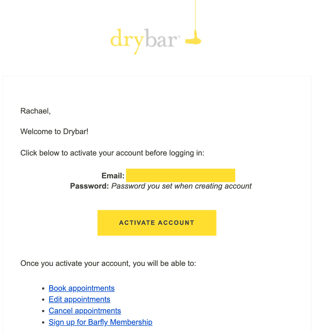 Drybar customer service welcome email