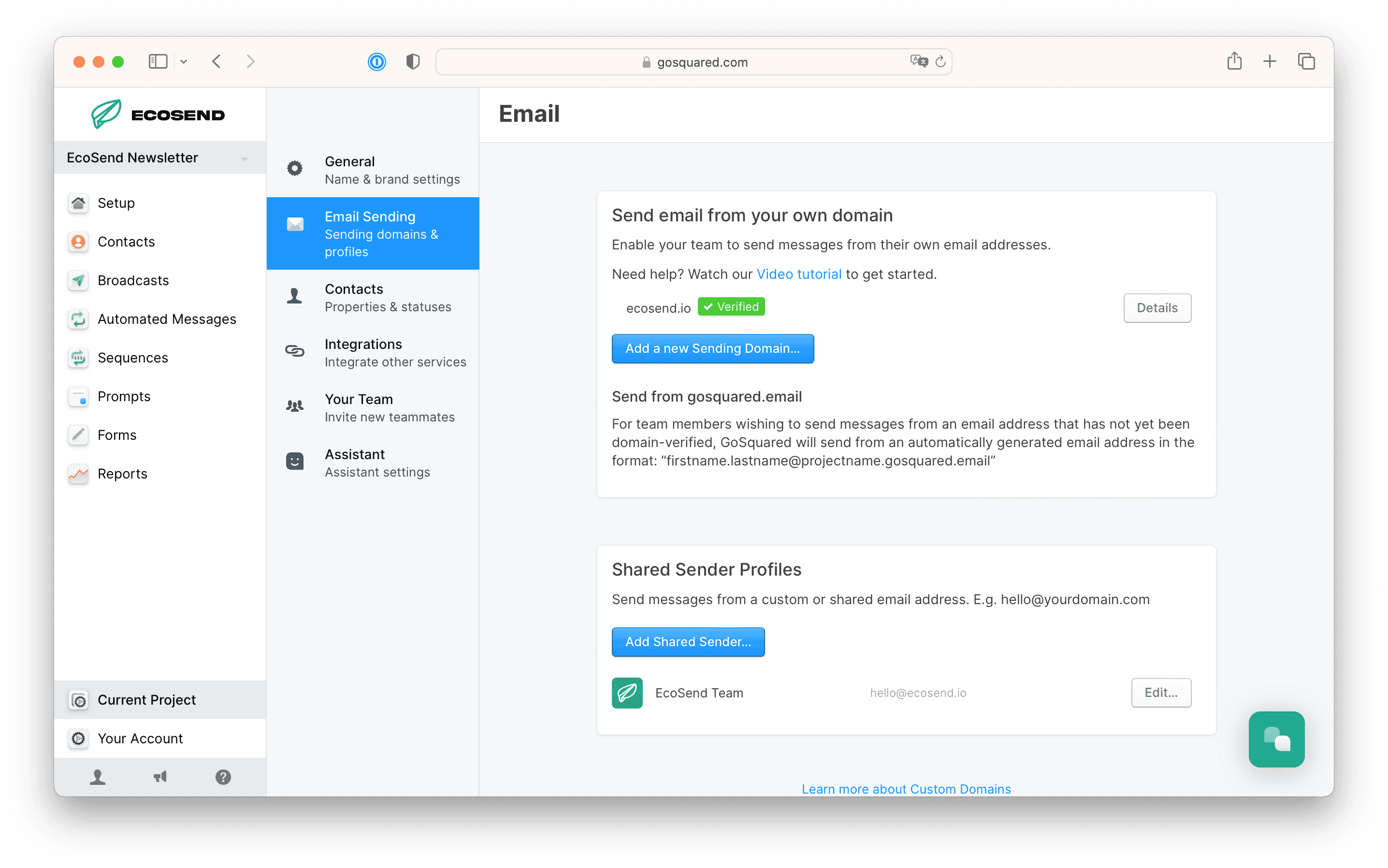 Screenshot of the Domain Setup screen in the success state