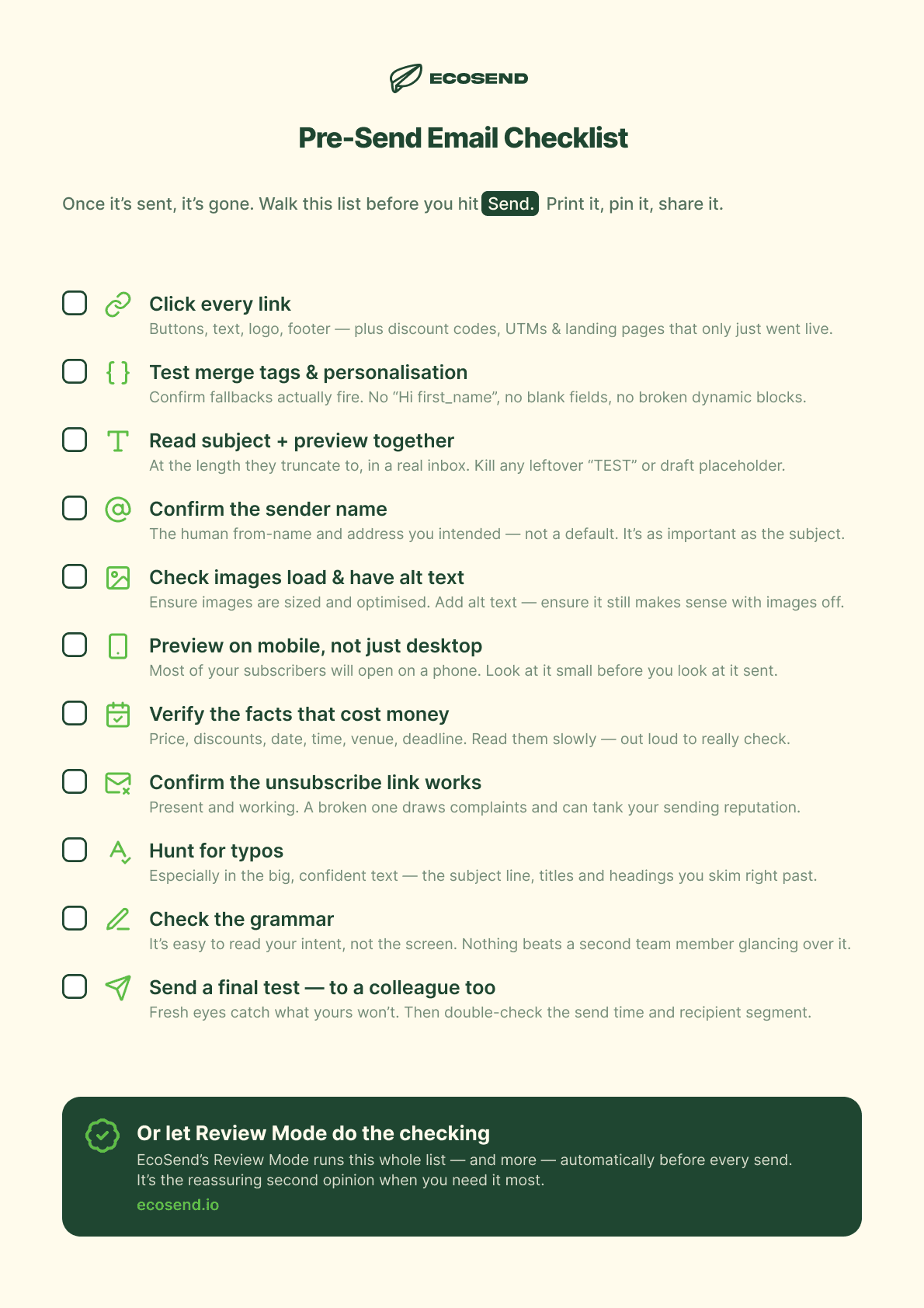 Preview of the EcoSend pre-send email checklist