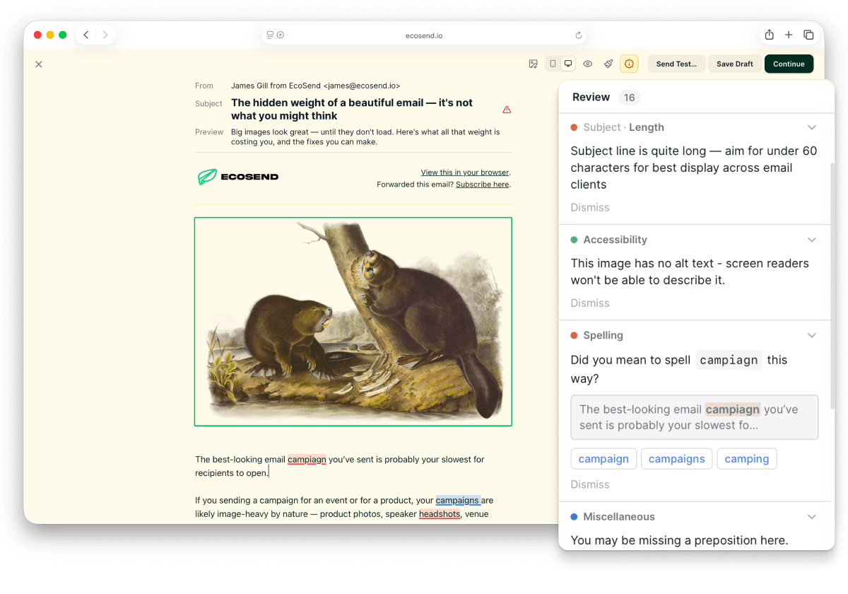 Screenshot of the email builder with Review Mode highlighted