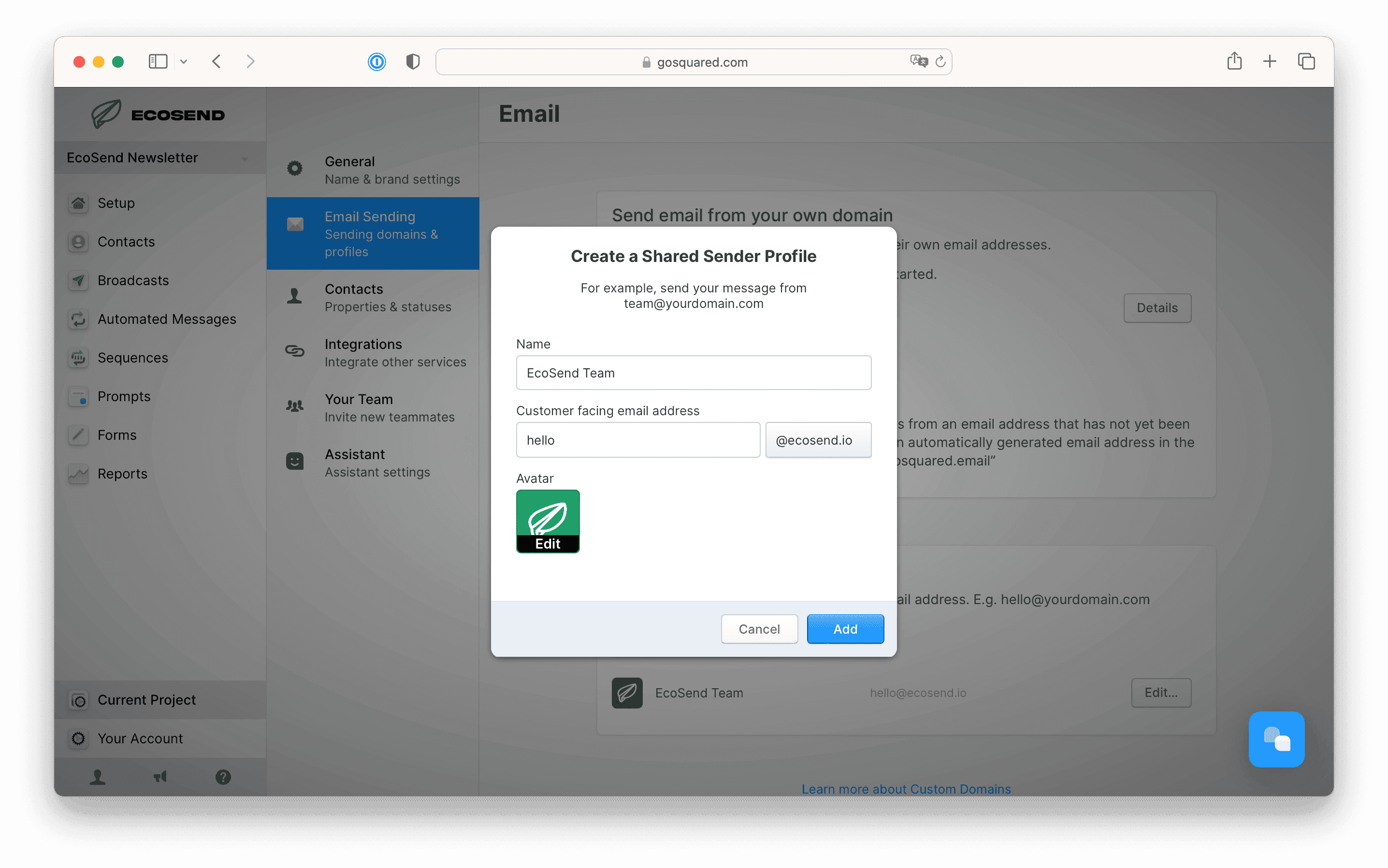 Creating a Shared Sender Profile