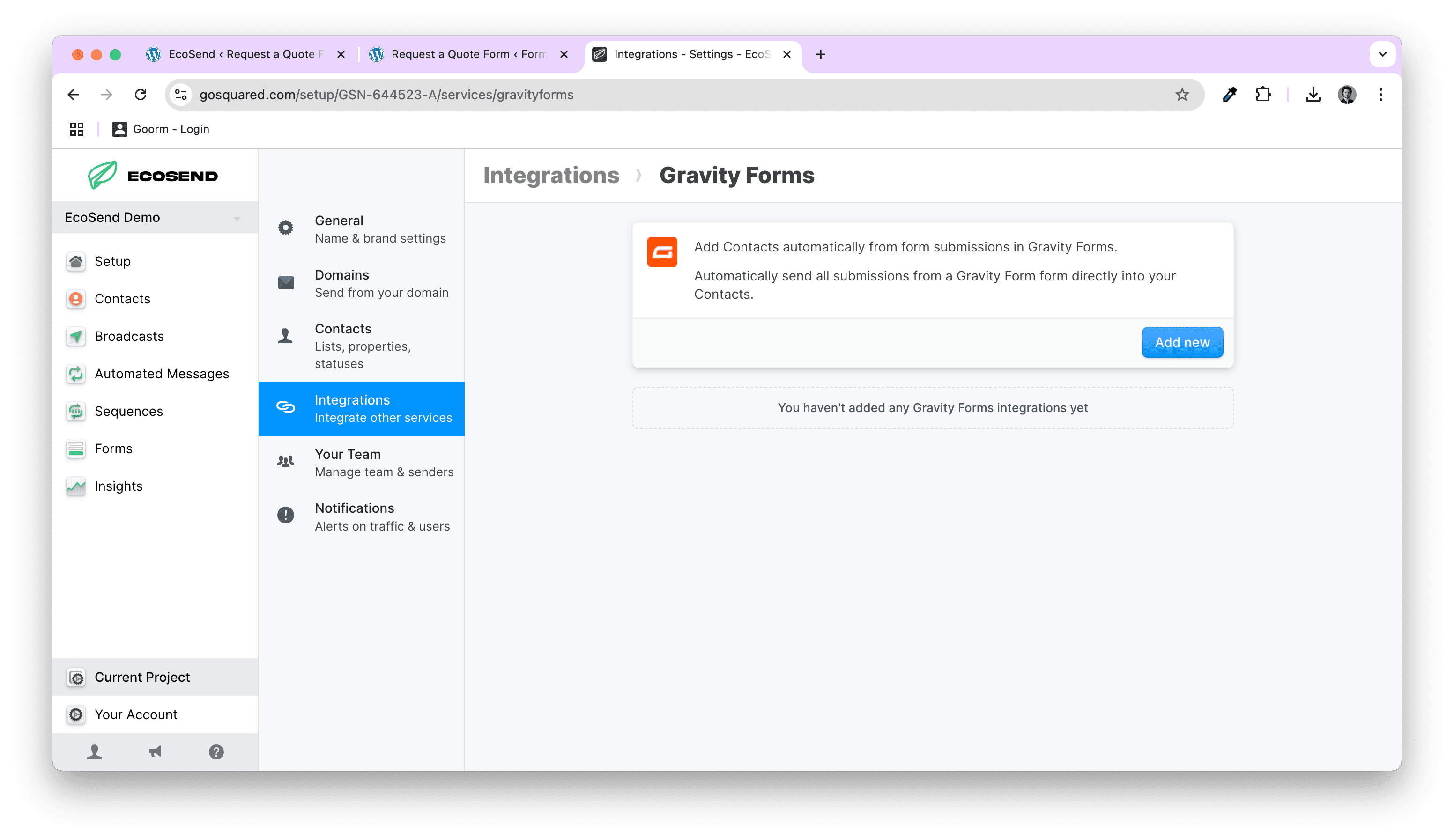 Screenshot of the Gravity Forms integration setup screen in EcoSend
