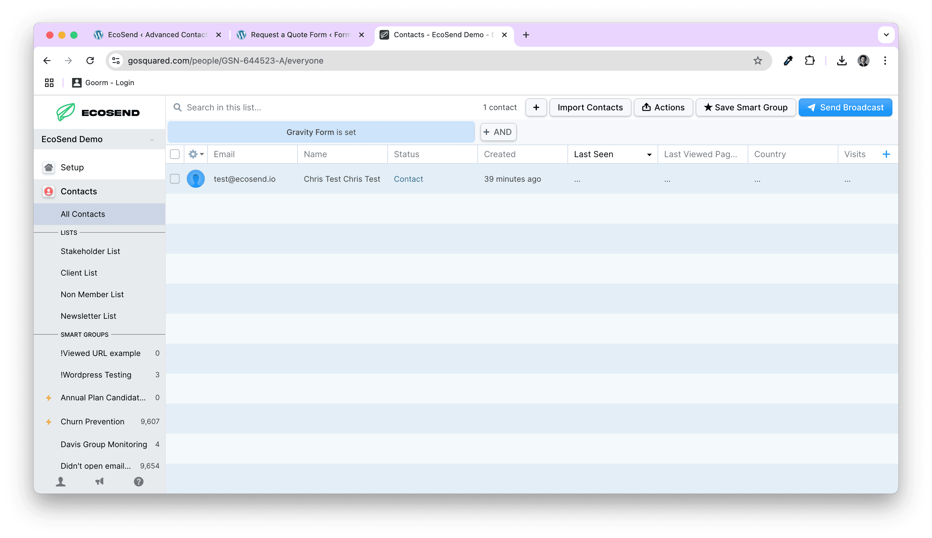 Screenshot of EcoSend Contacts segmentation for Gravity Forms