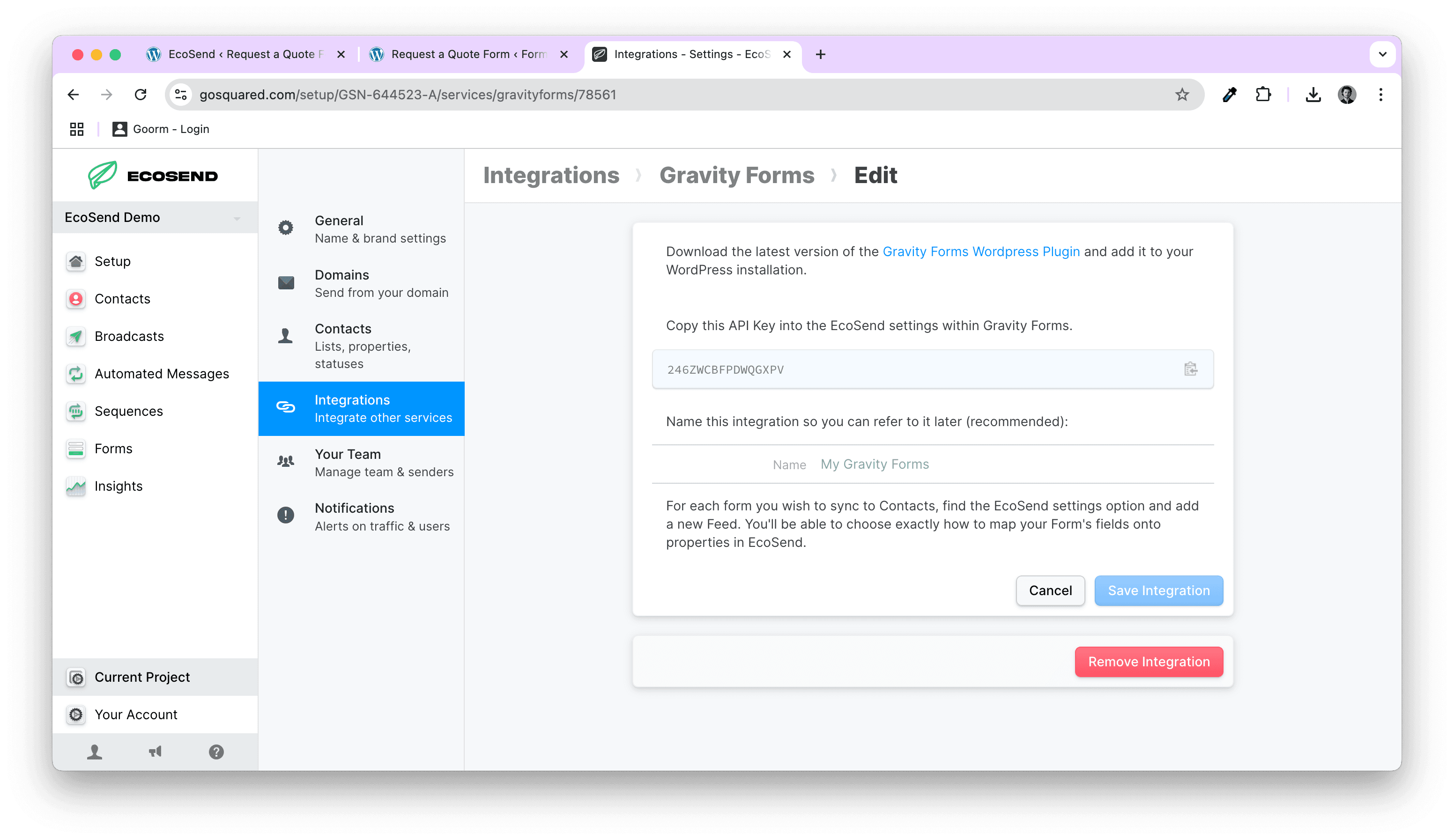 Screenshot of the Gravity Forms setup instructions screen in EcoSend