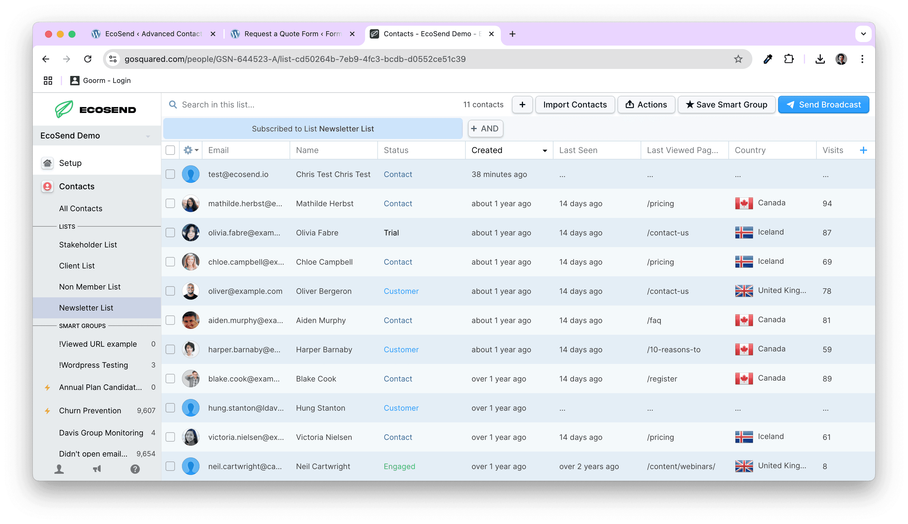 Screenshot of EcoSend Contacts Lists integration with Gravity Forms