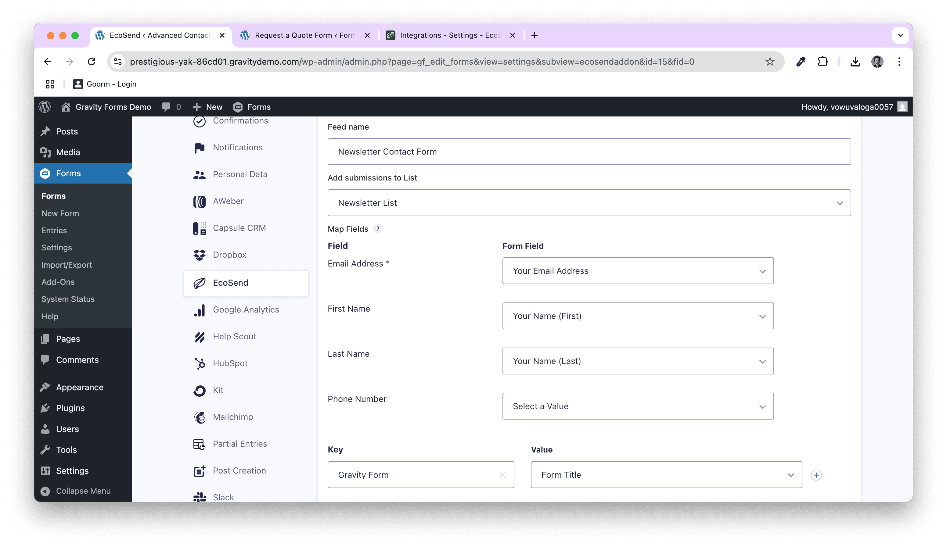 Screenshot of the Gravity Forms screen in Wordpress for mapping fields