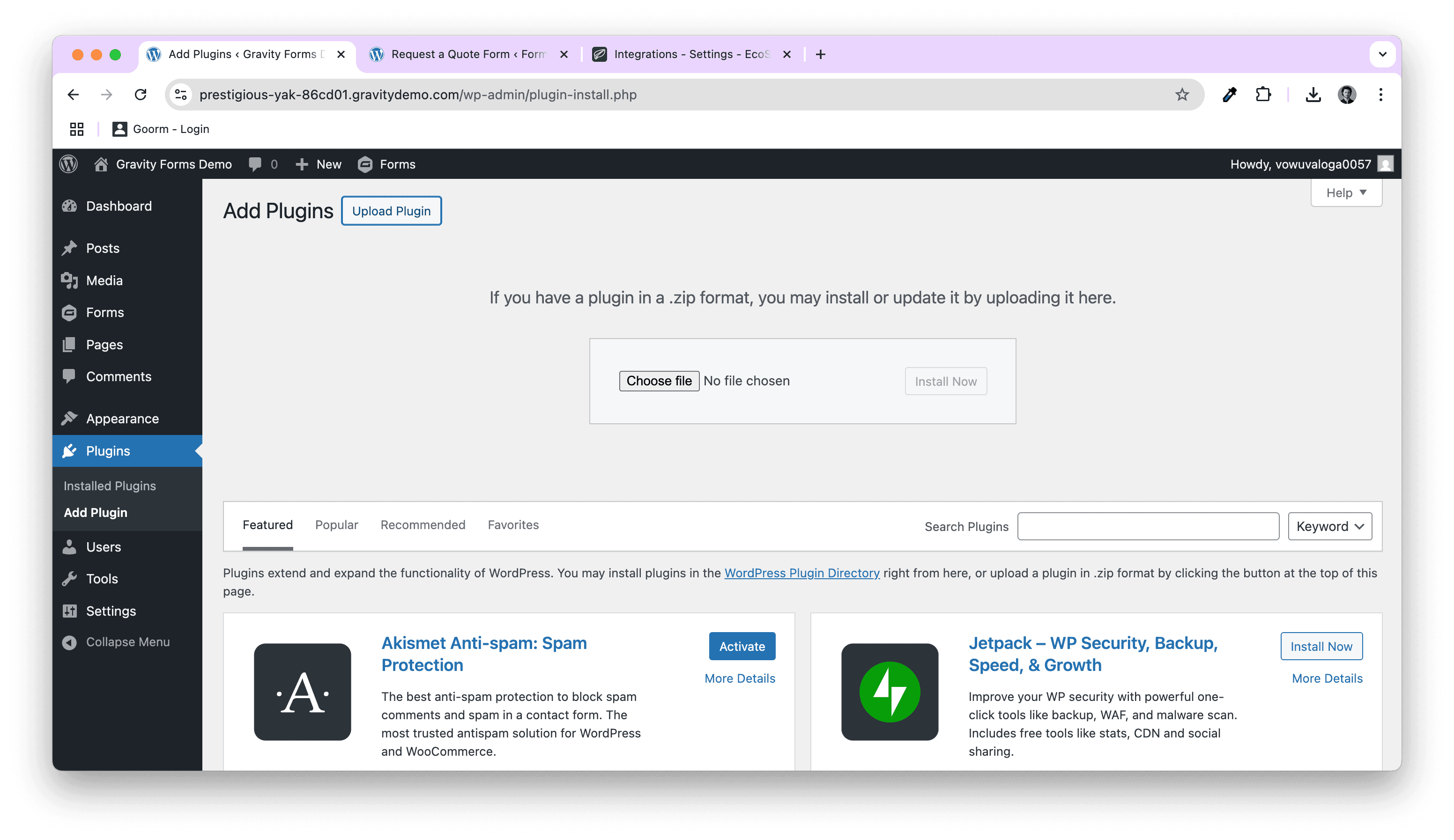 Screenshot of the Plugins screen in Wordpress