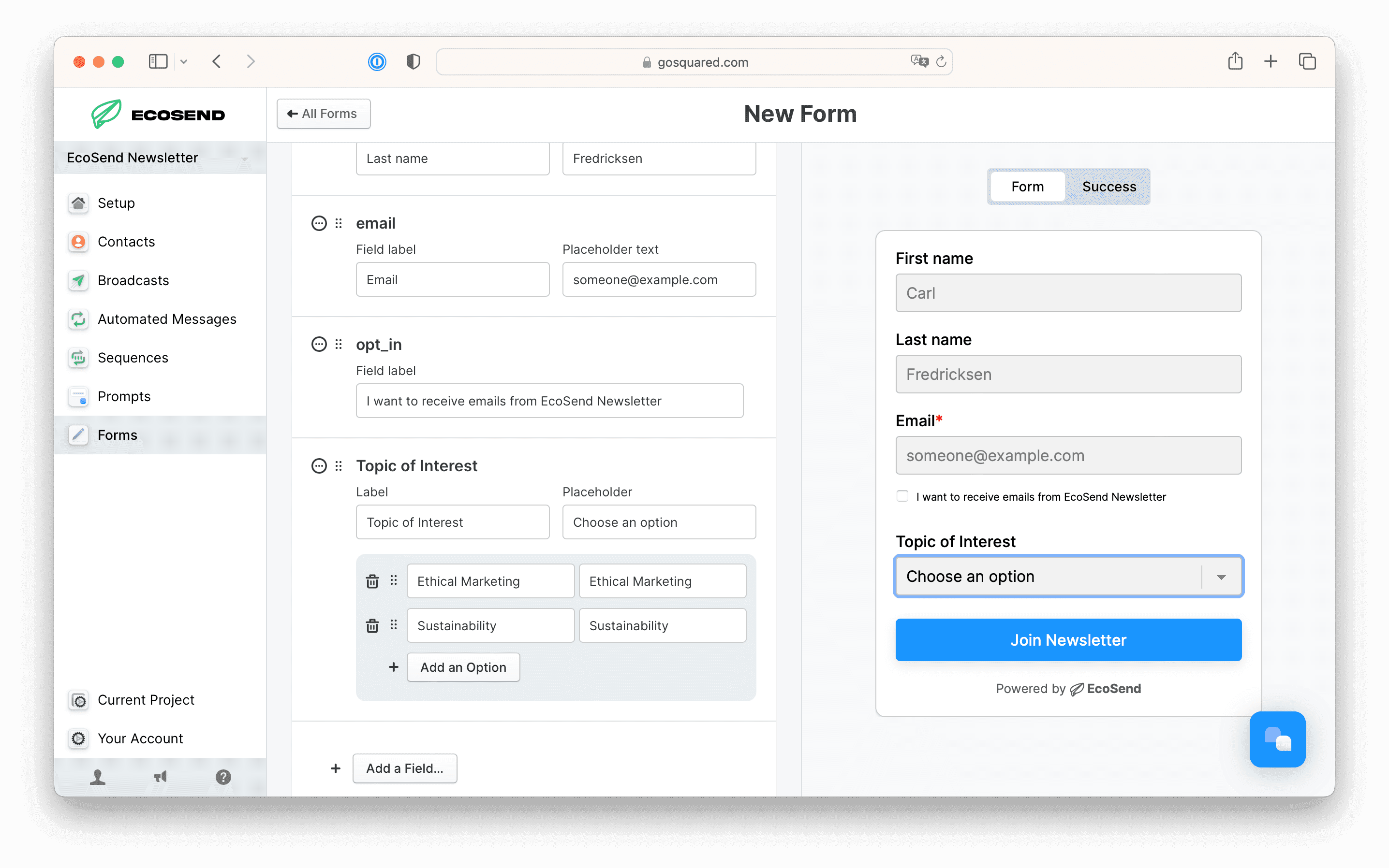 Adding entries to a Select field in EcoSend Forms
