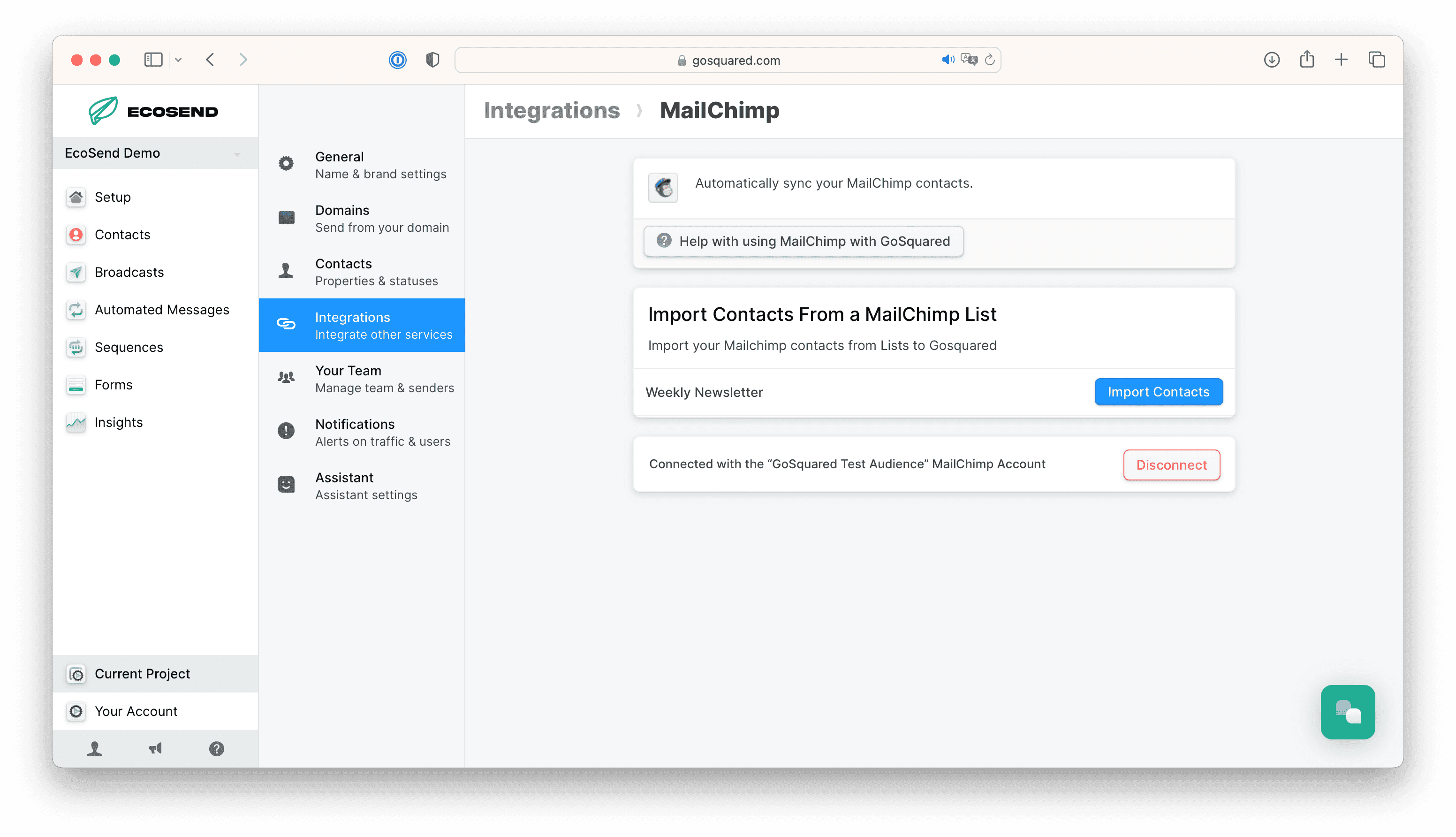 Mailchimp integration screen in EcoSend, successfully connected