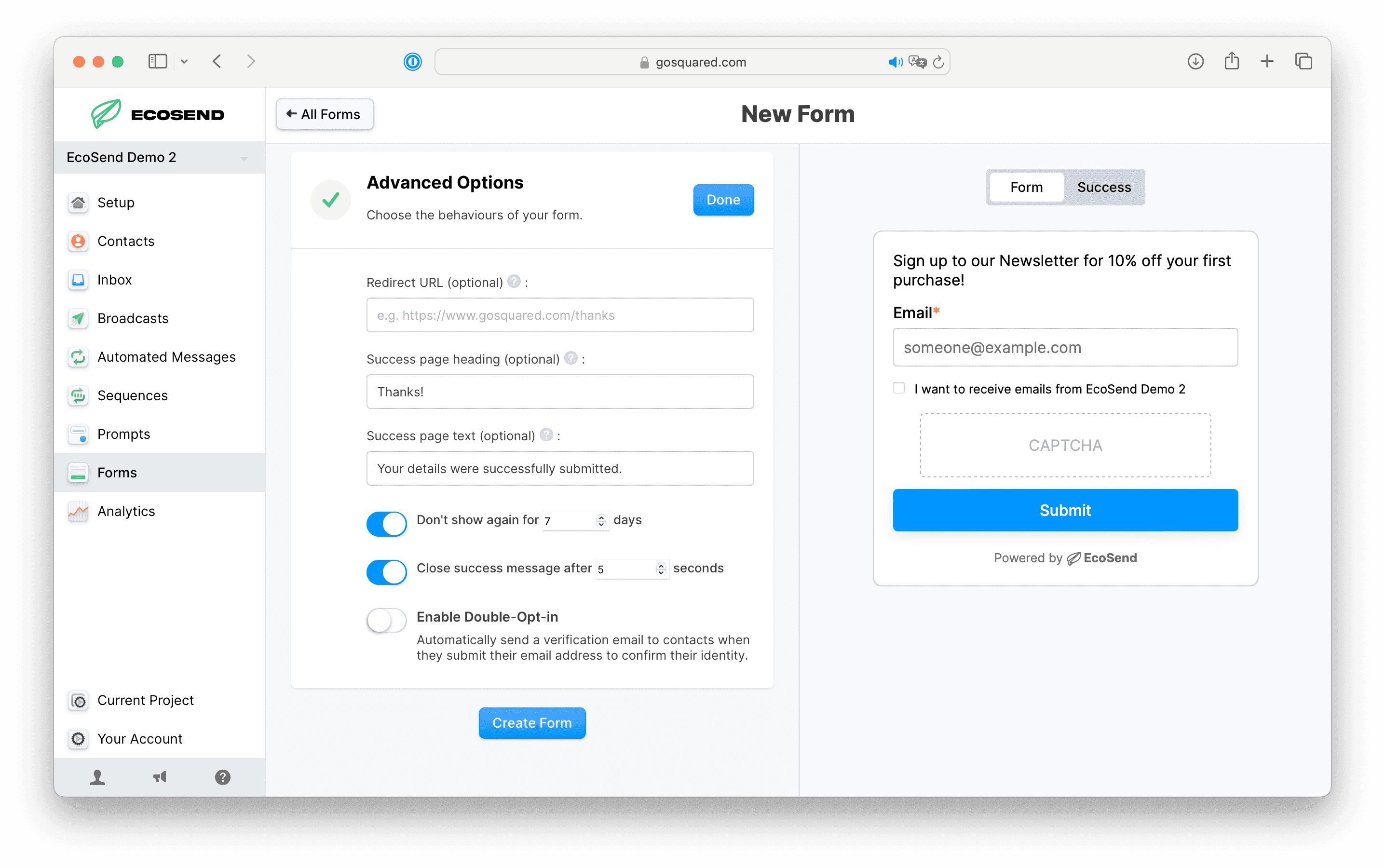 Screenshot of EcoSend Pop-up Form Advanced Options