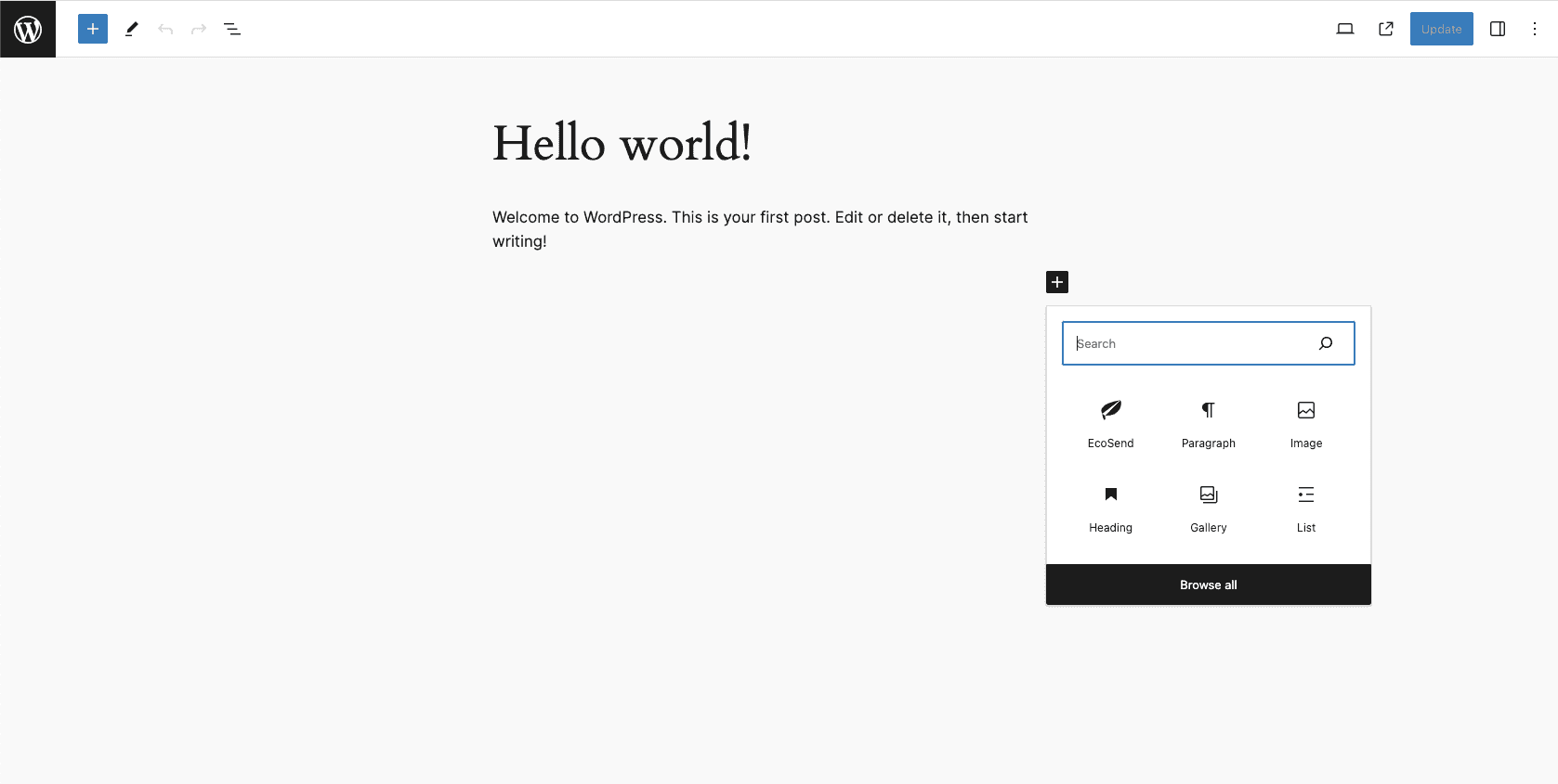 Screenshot of the EcoSend plugin in WordPress