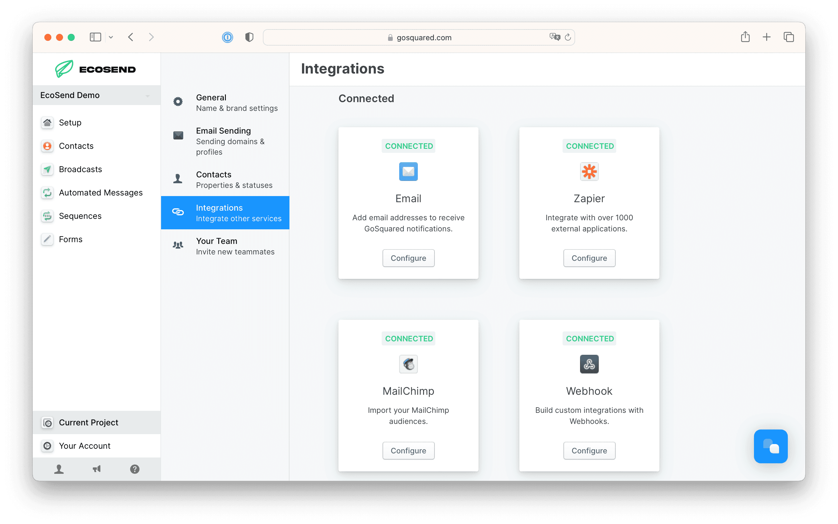 Screenshot of EcoSend Integrations