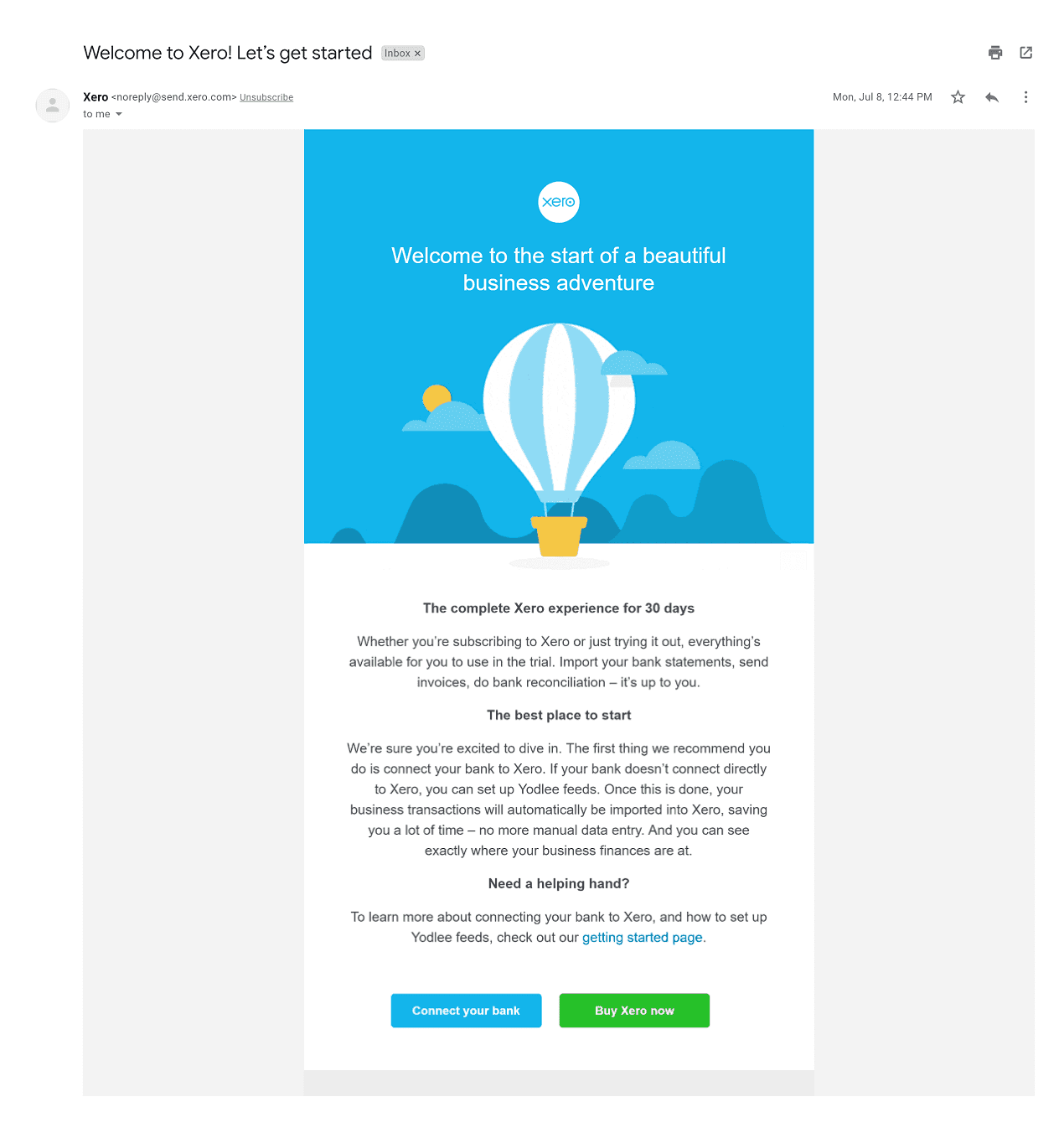 convering welcome email example from Xero