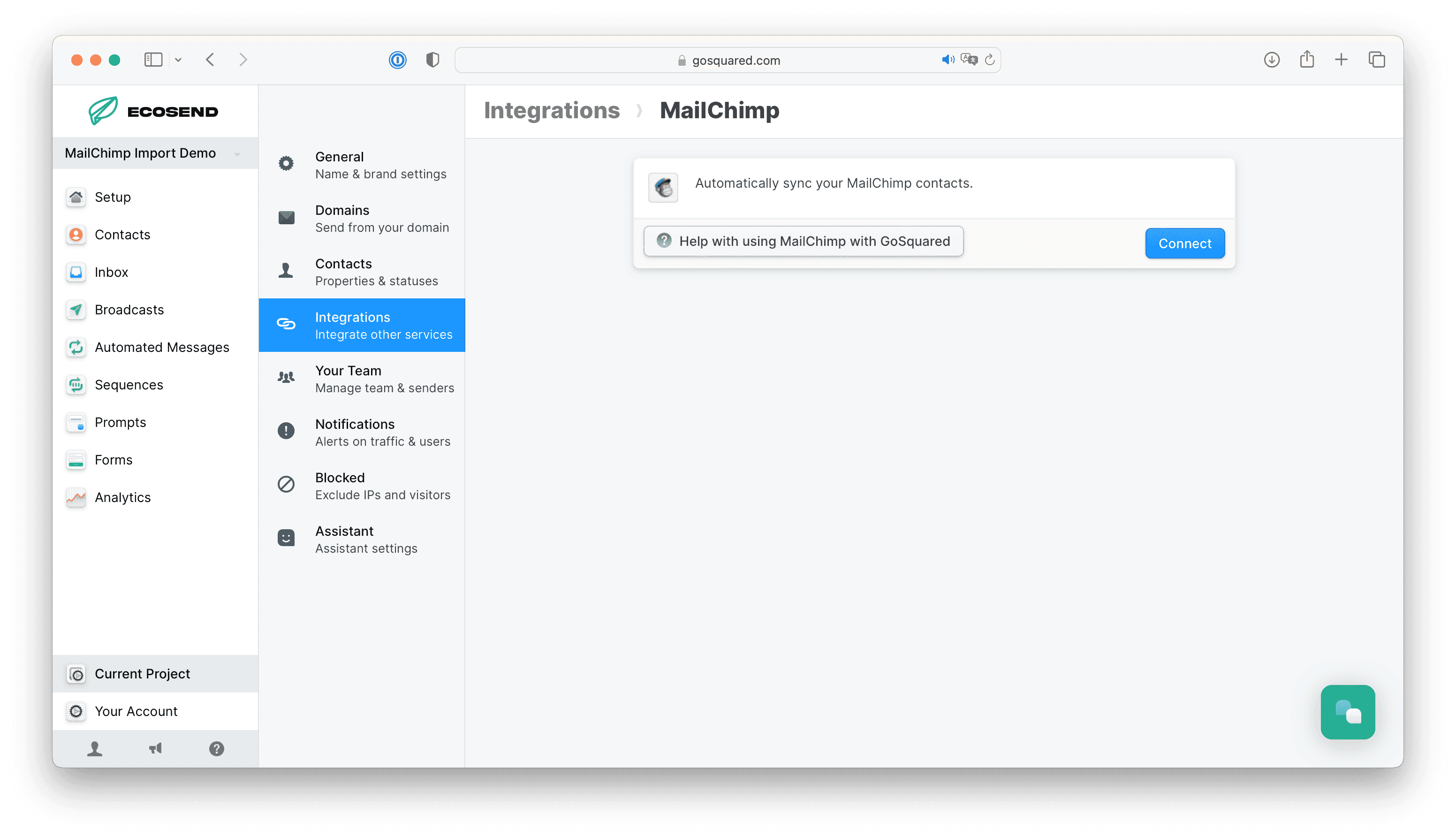 Initial screen of the Mailchimp integration in EcoSend