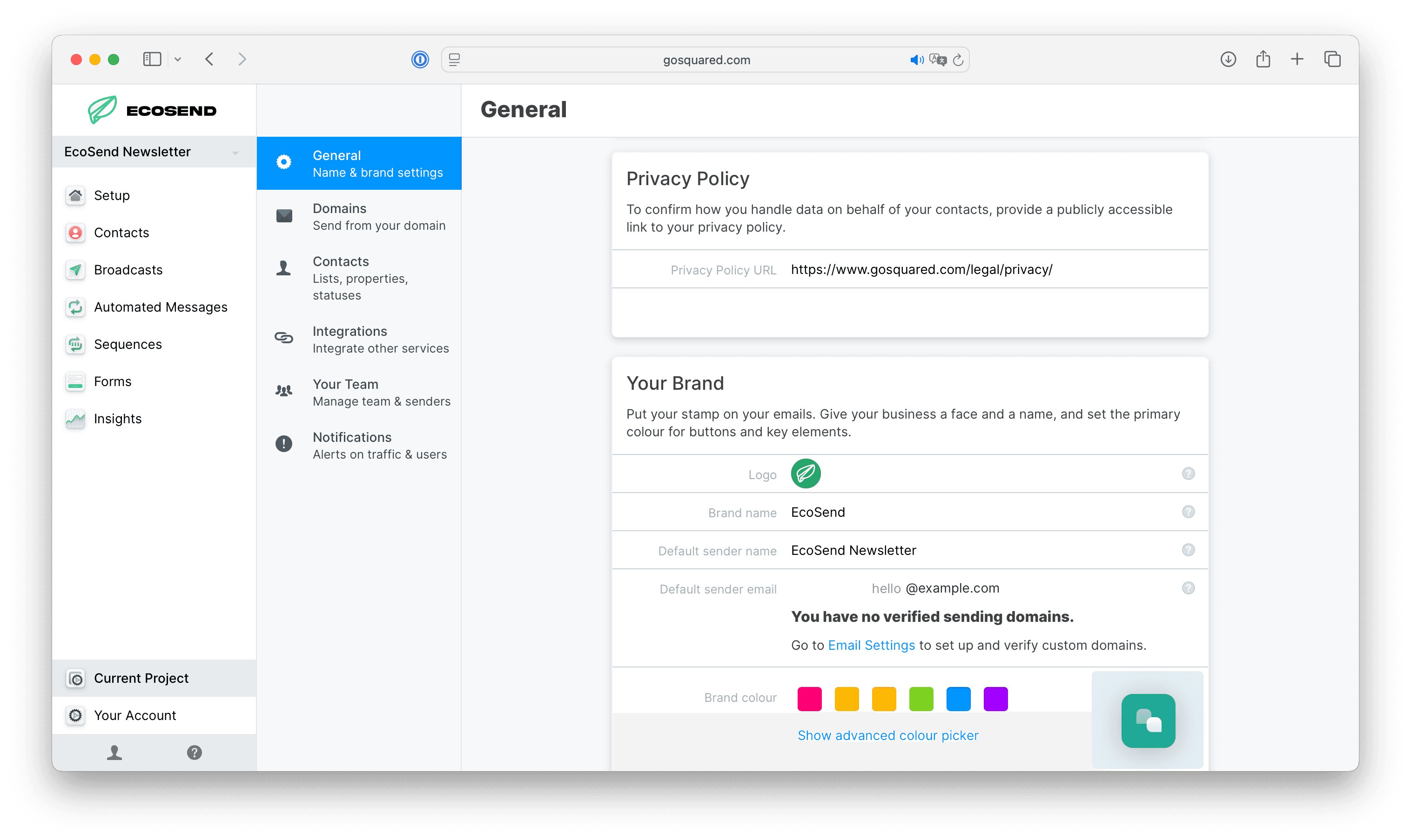 Privacy Policy settings in EcoSend