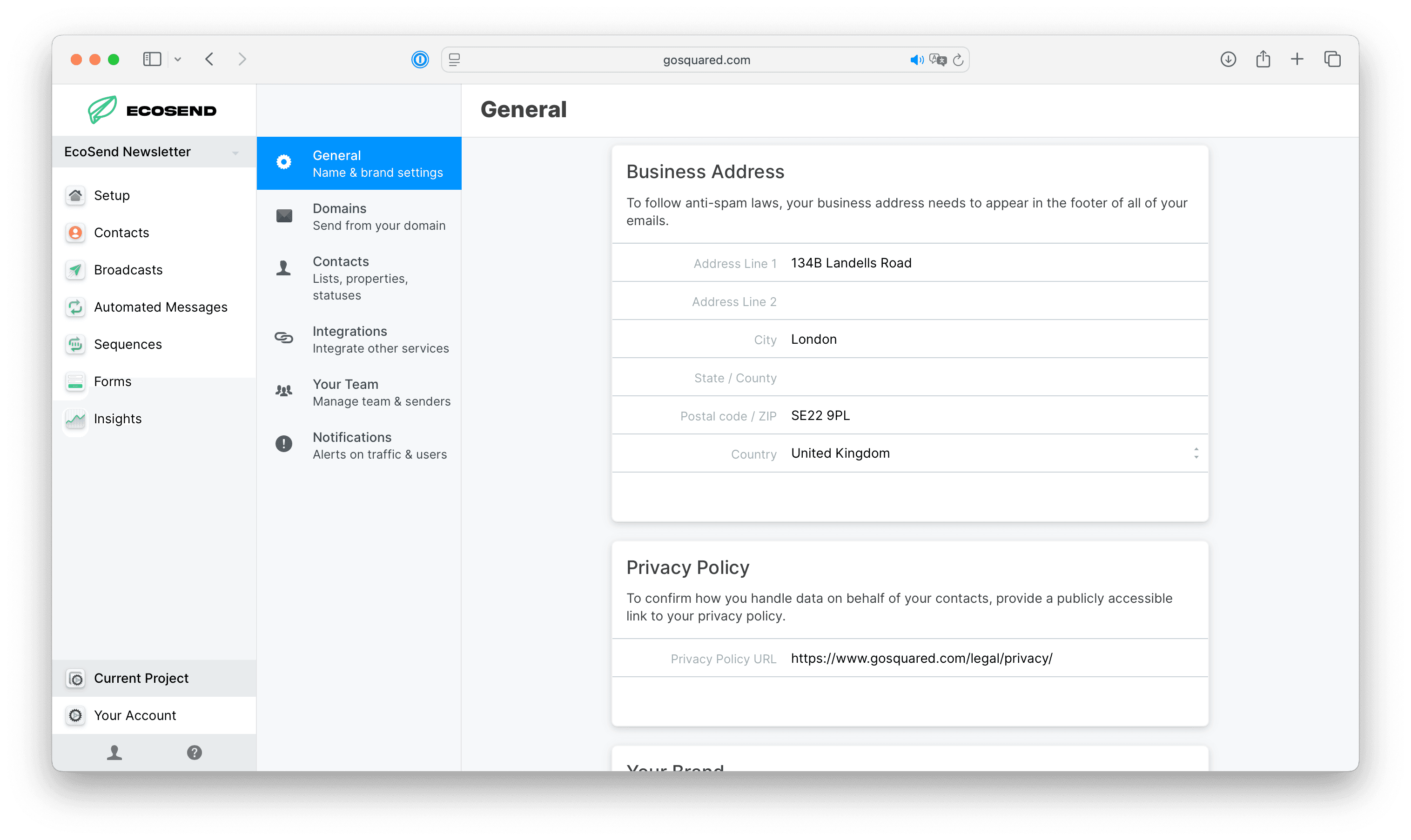 Business address settings area in EcoSend