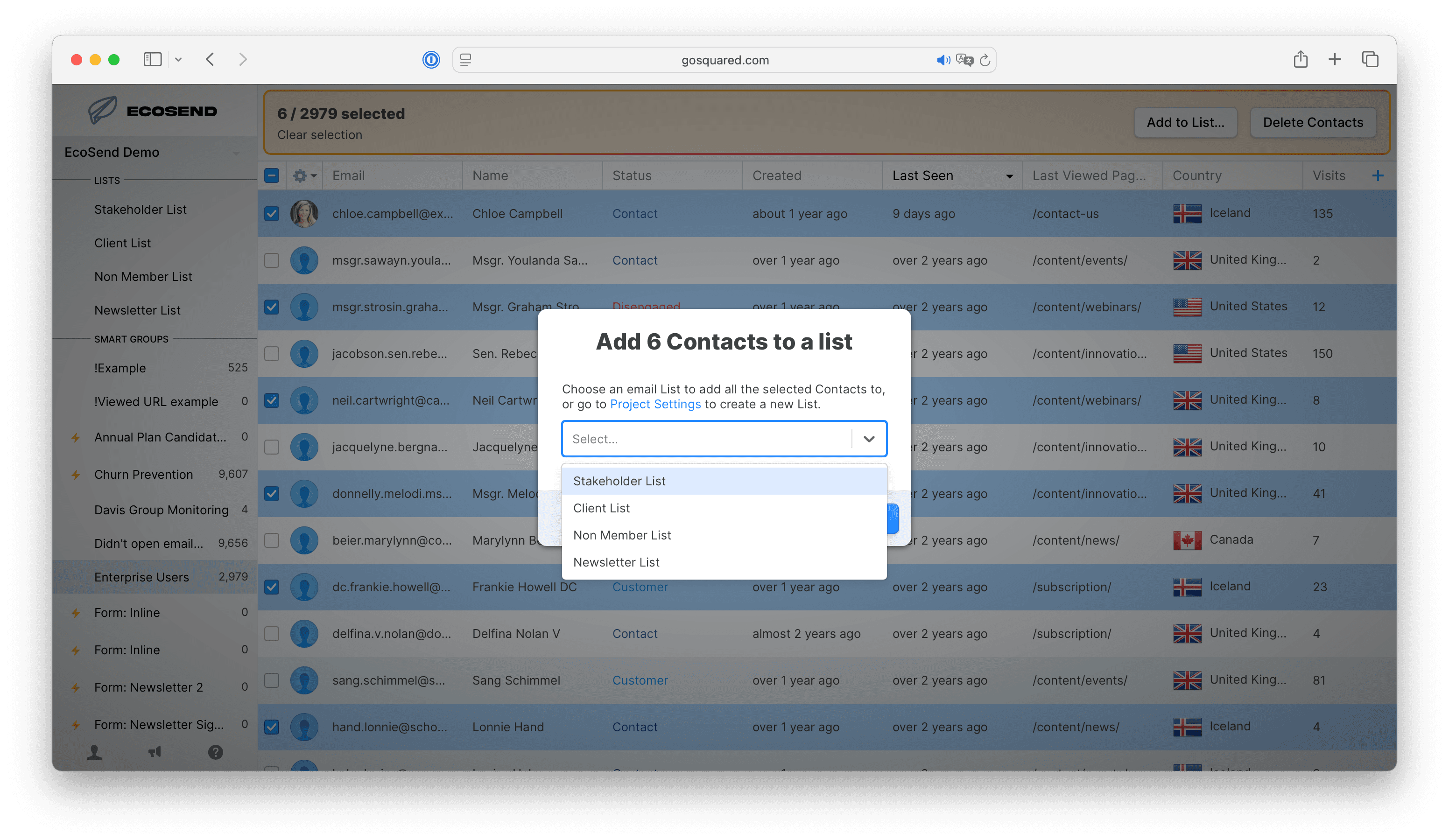 Screenshot of the modal to add conacts to a specific List
