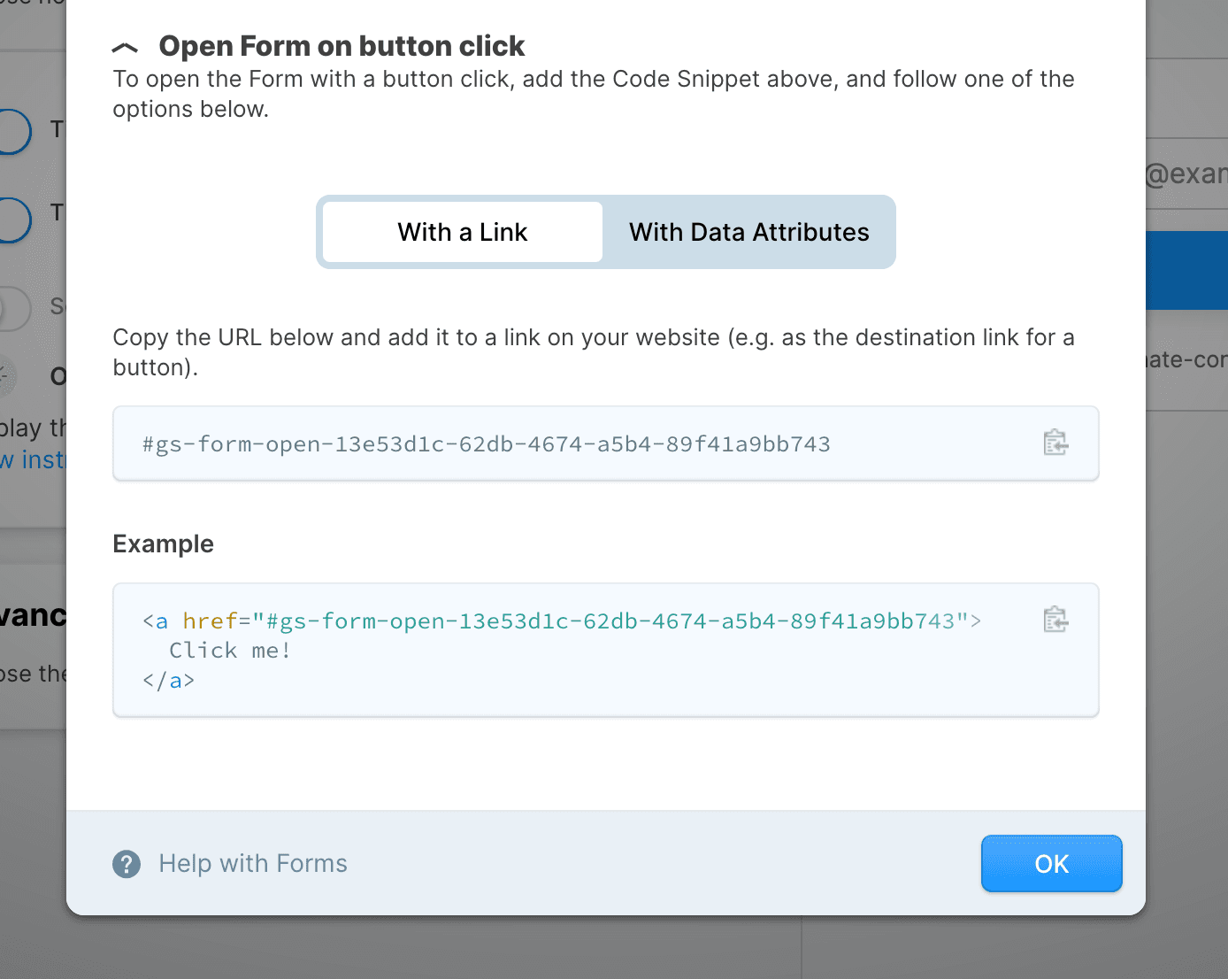 Screenshot of integration instructions for triggering on button click