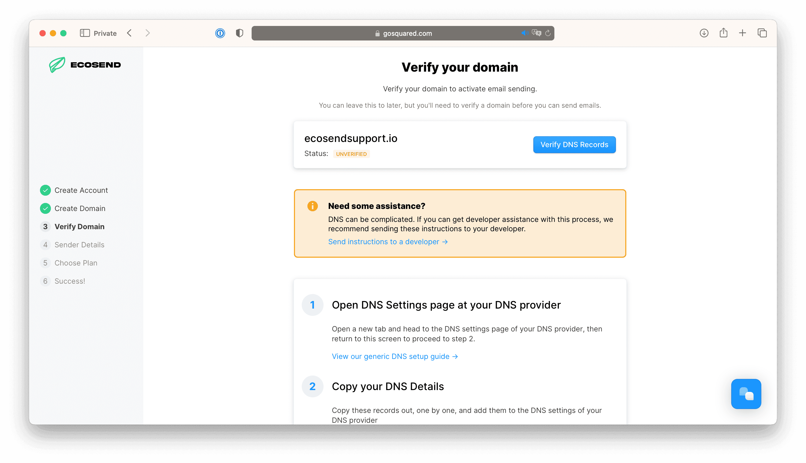 Screenshot of Verify your Domain in EcoSend
