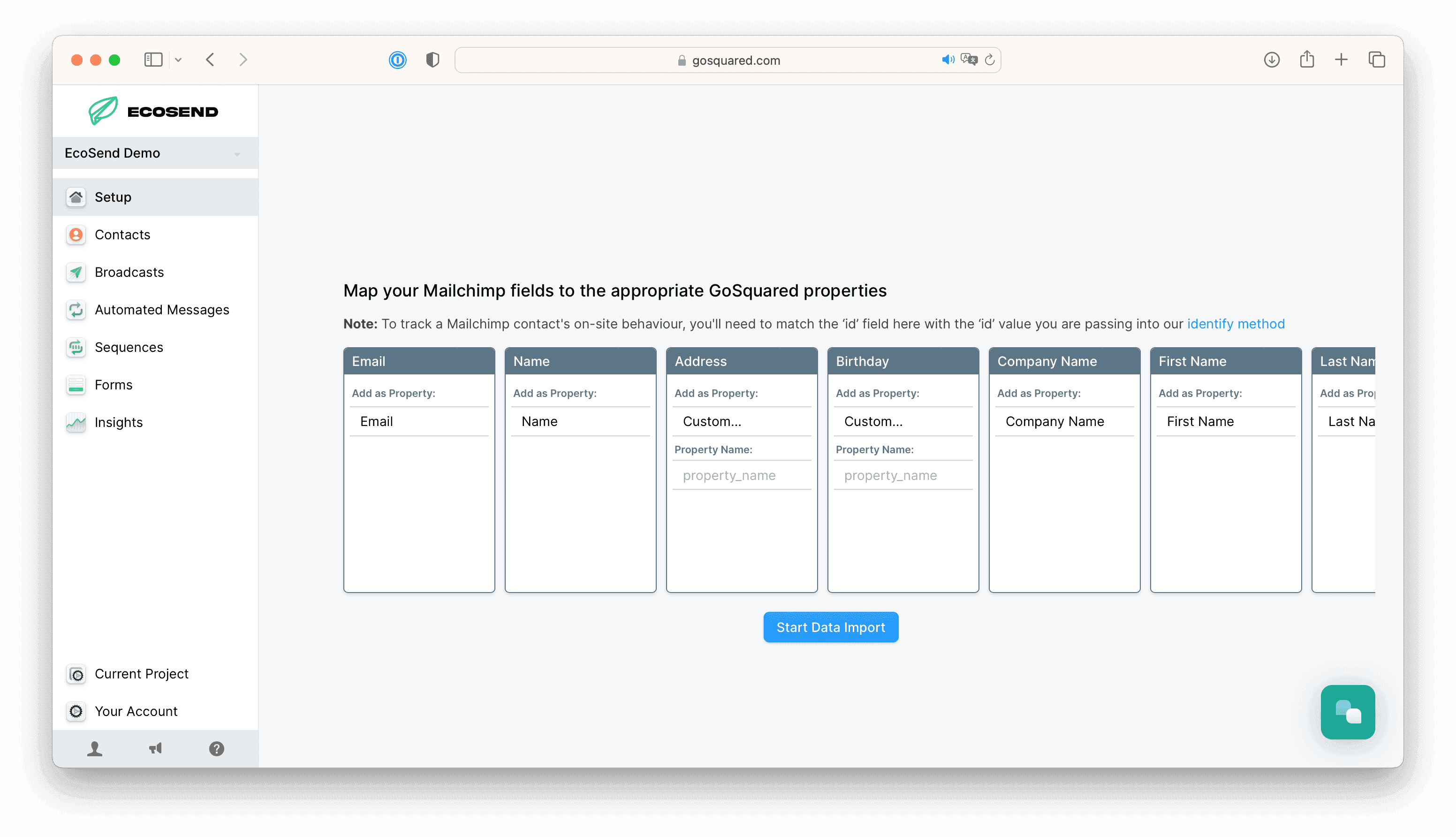 Step one of the contact import process in EcoSend