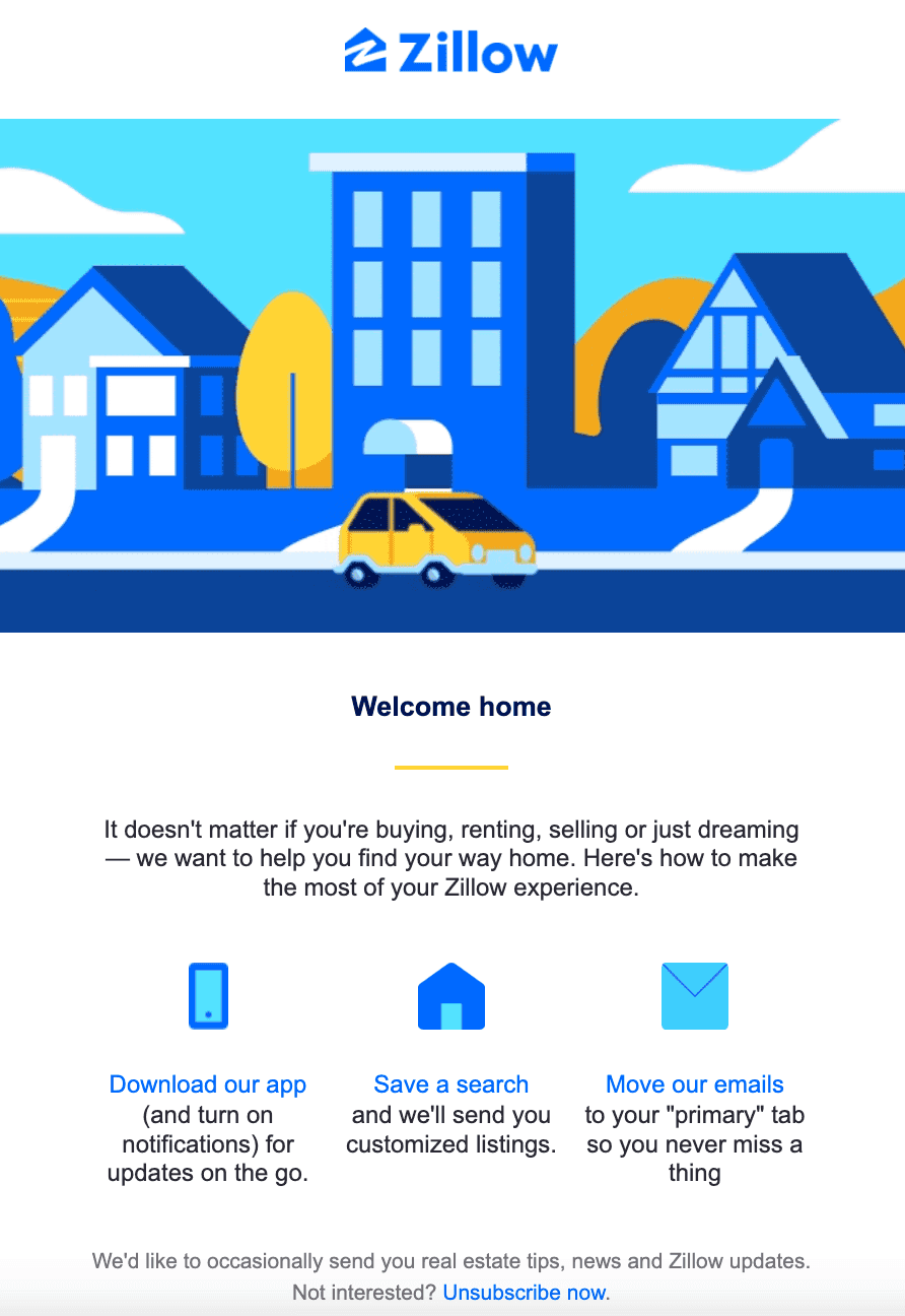 Zillow welcome email for new customer example