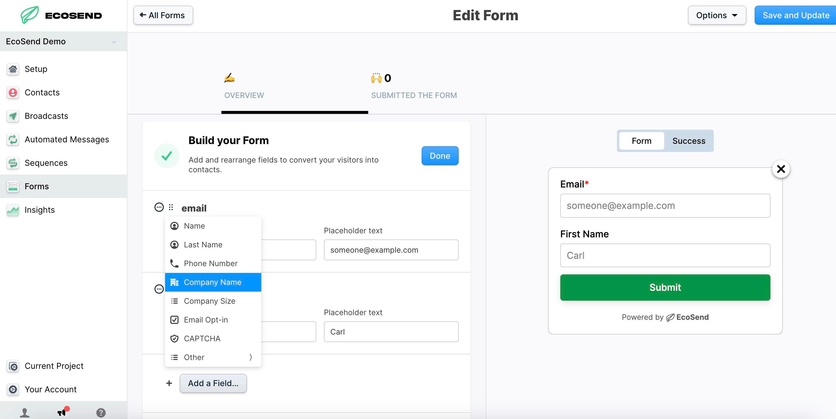 ecosend pop up forms build your form