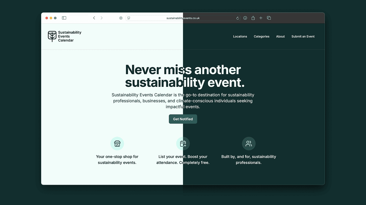 The Sustainability Events Calendar website in light and dark mode.