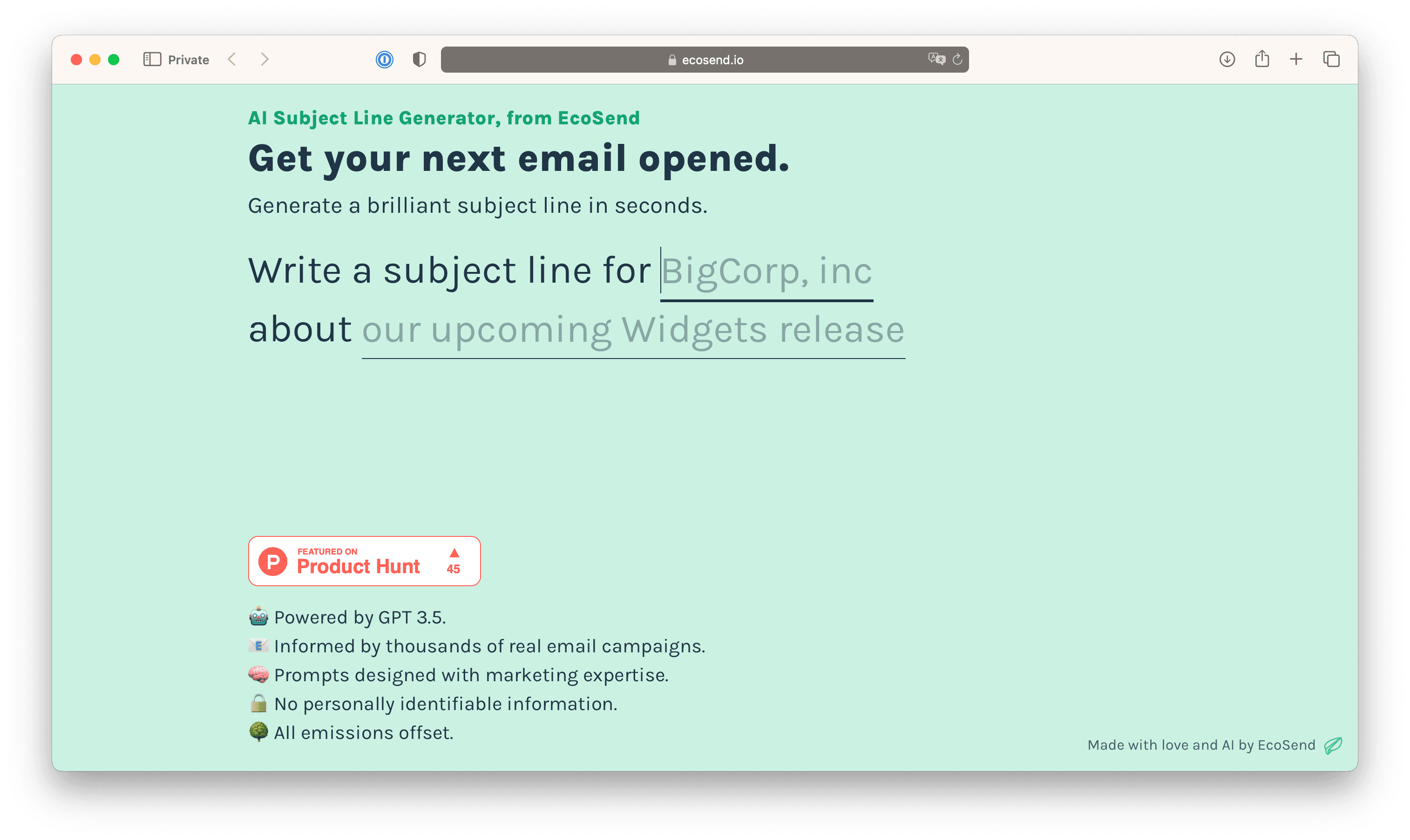Screenshot of the EcoSend Subject Line Generator