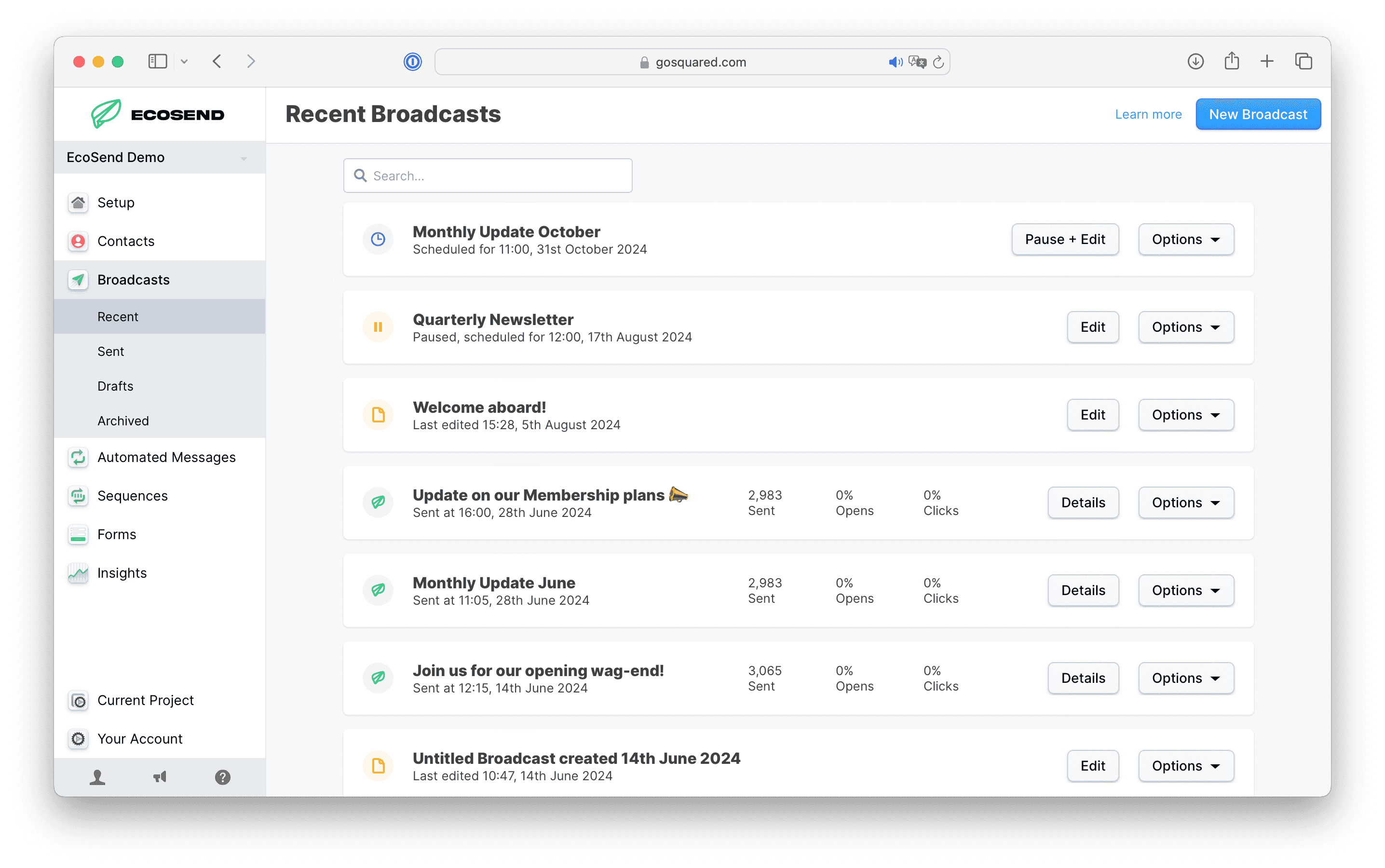 Screenshot of recent Broadcasts in EcoSend