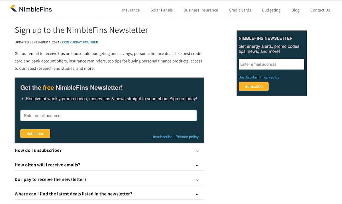 NimbleFins email signup form