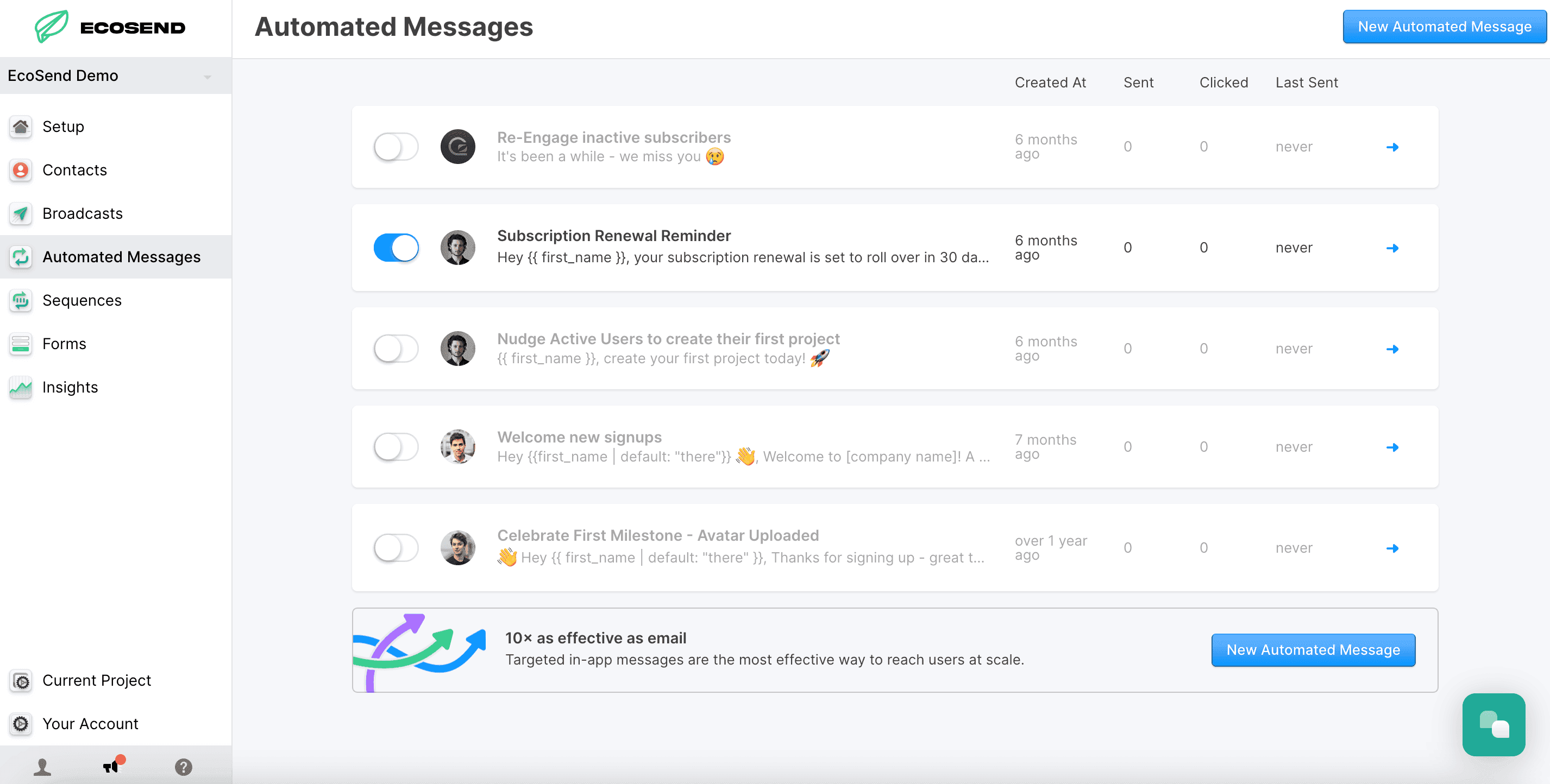 Screenshot of EcoSend automated messages