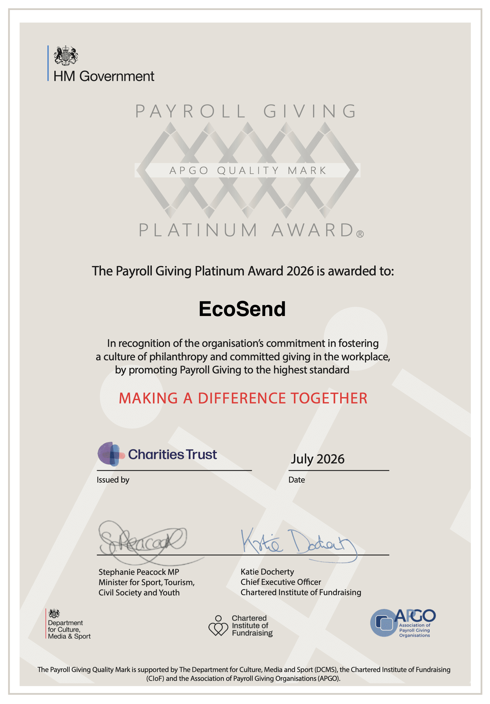 Charities Trust Payroll Giving Platinum Award for EcoSend